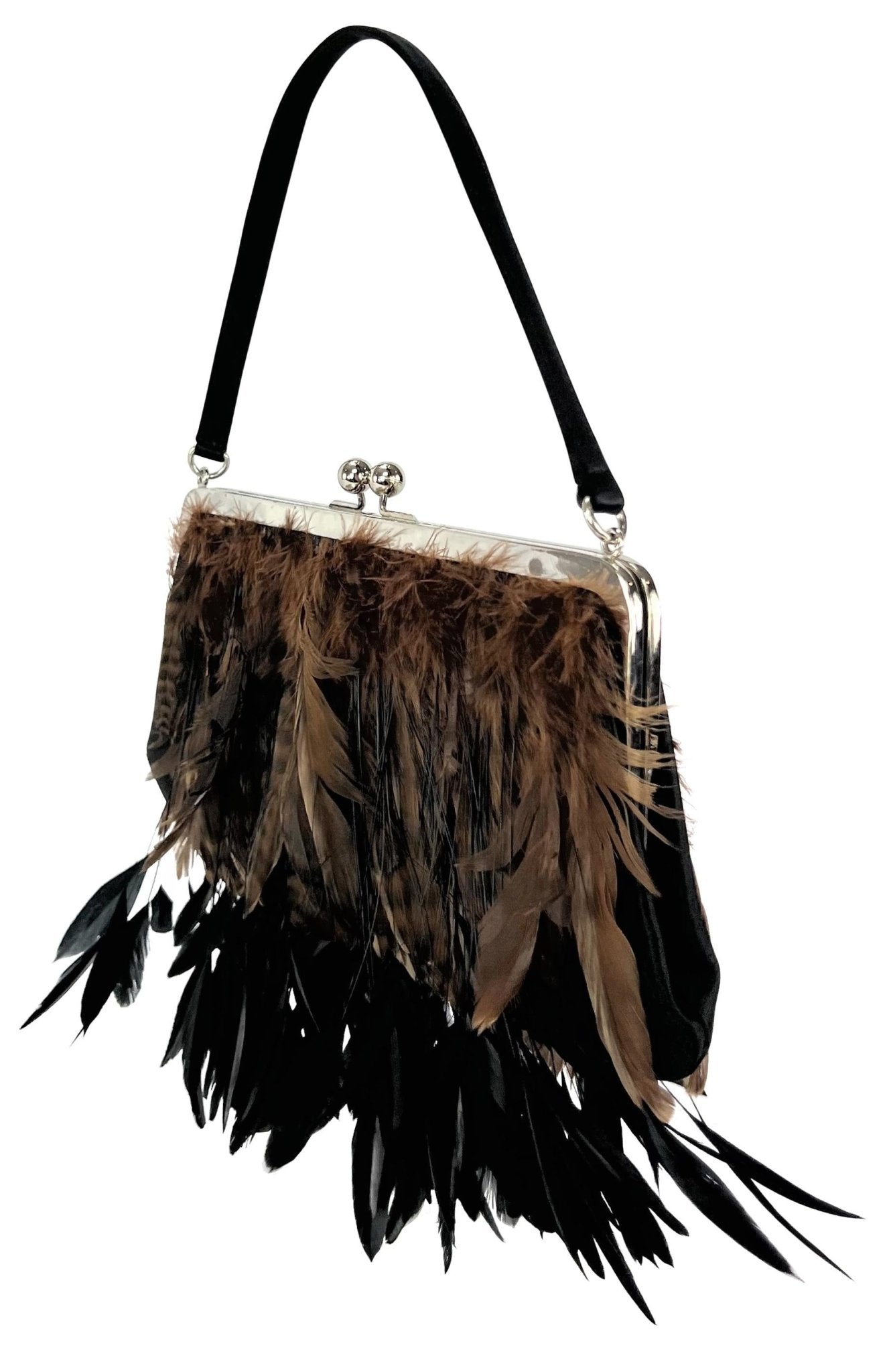 F/W 1997 Dolce & Gabbana Runway Brown Black Feather Satin Kisslock Evening Bag - RealList
