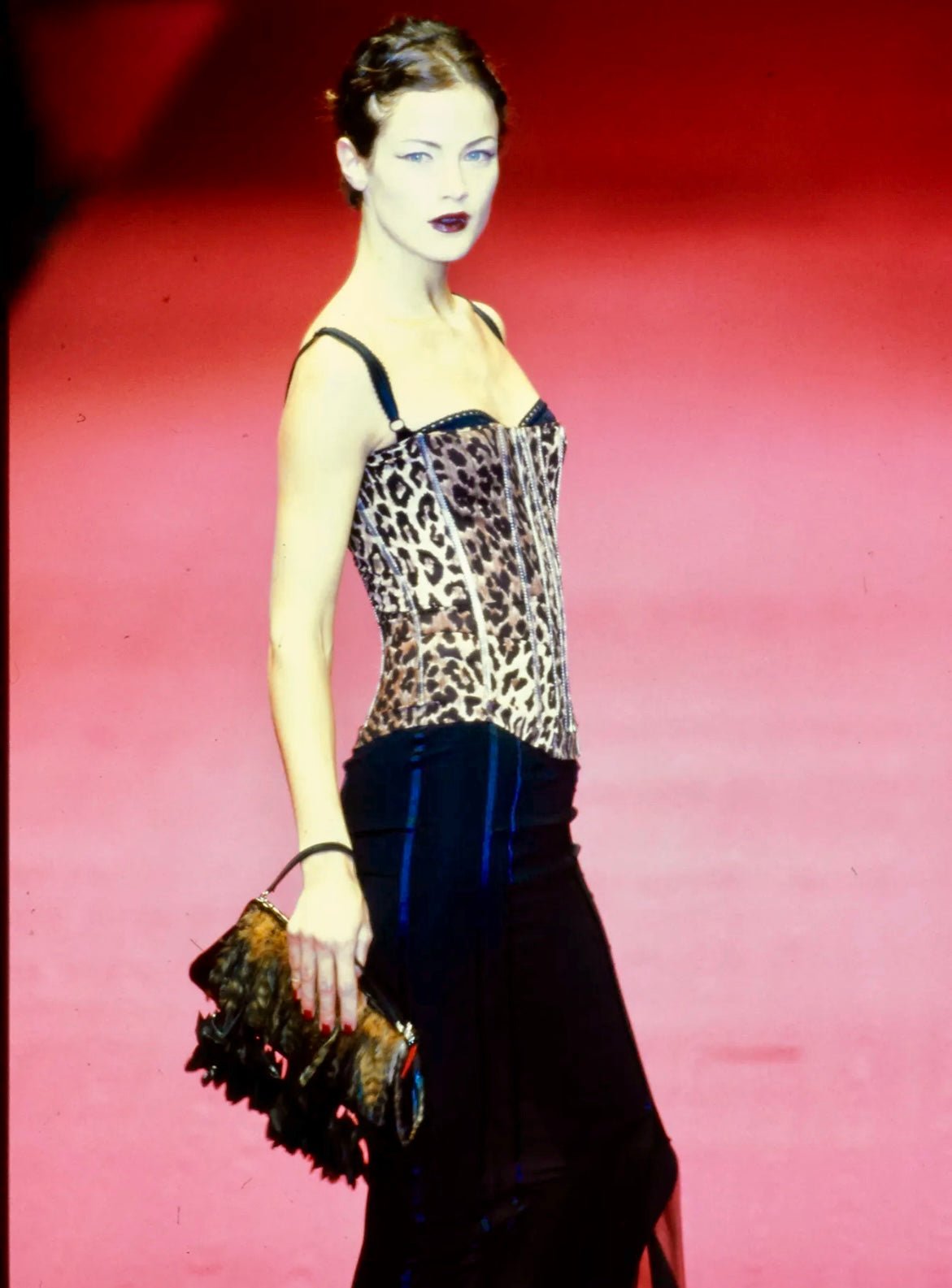 F/W 1997 Dolce & Gabbana Runway Brown Black Feather Satin Kisslock Evening Bag - RealList