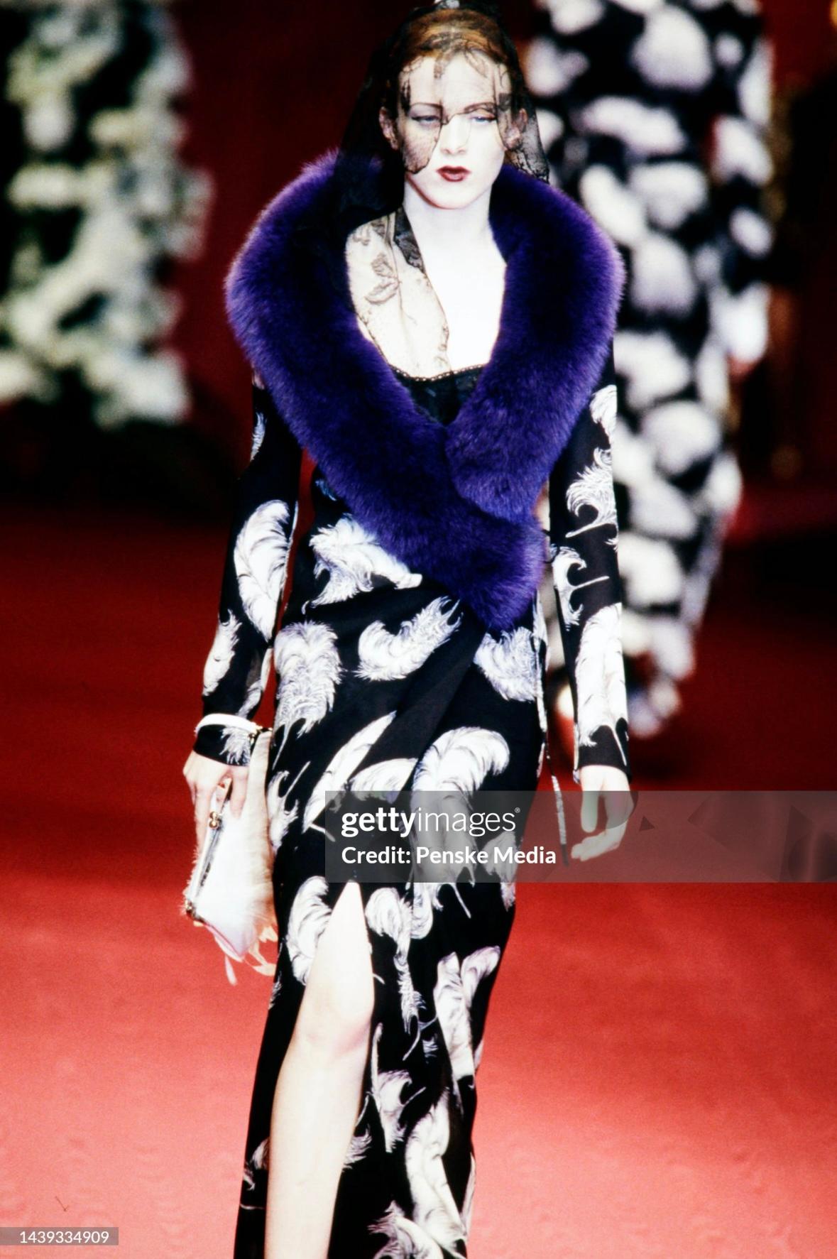 F/W 1997 Dolce & Gabbana Runway Purple Fox Fur Black Feather Print Duster Coat - RealList