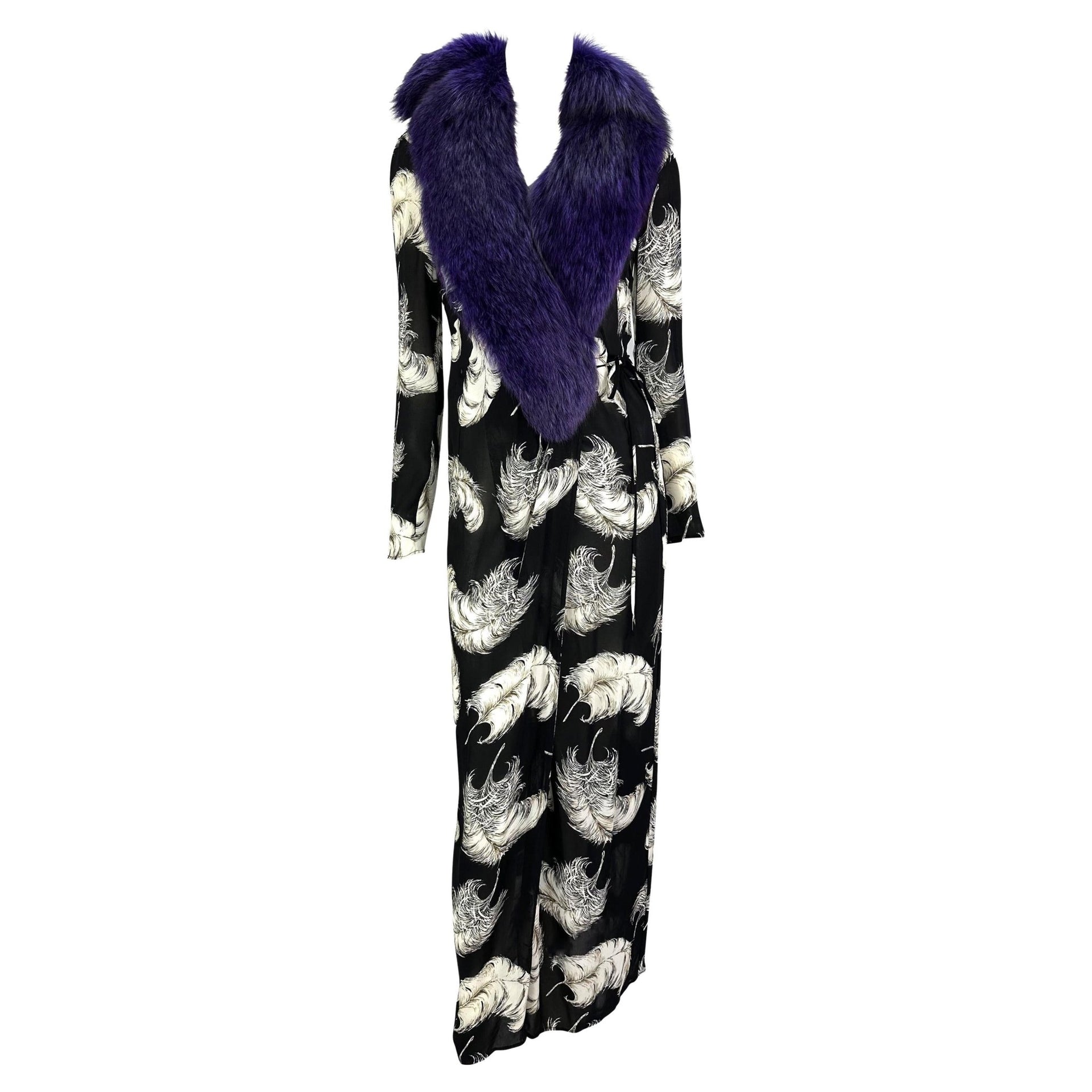 F/W 1997 Dolce & Gabbana Runway Purple Fox Fur Black Feather Print Duster Coat - RealList