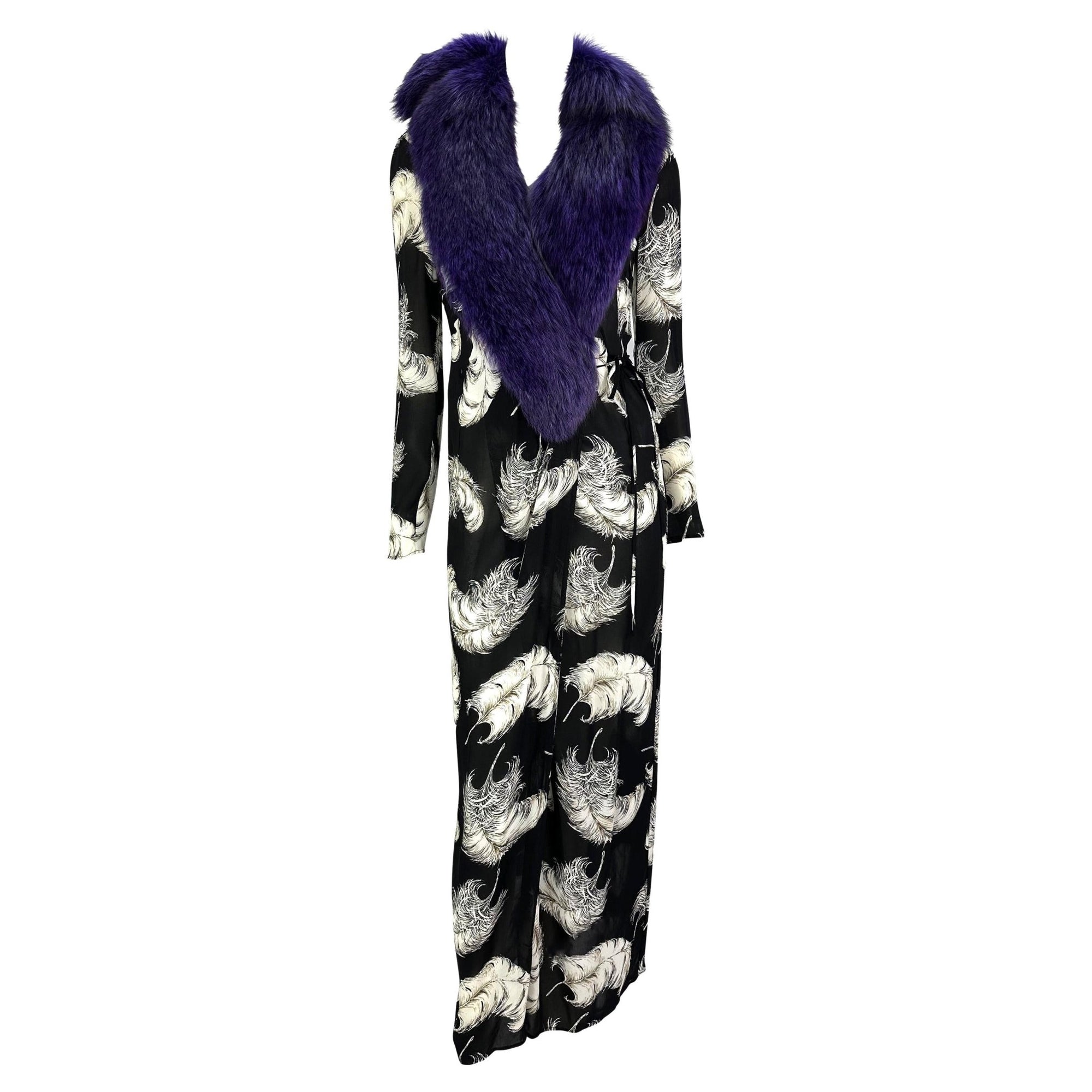 F/W 1997 Dolce & Gabbana Runway Purple Fox Fur Black Feather Print Duster Coat - RealList