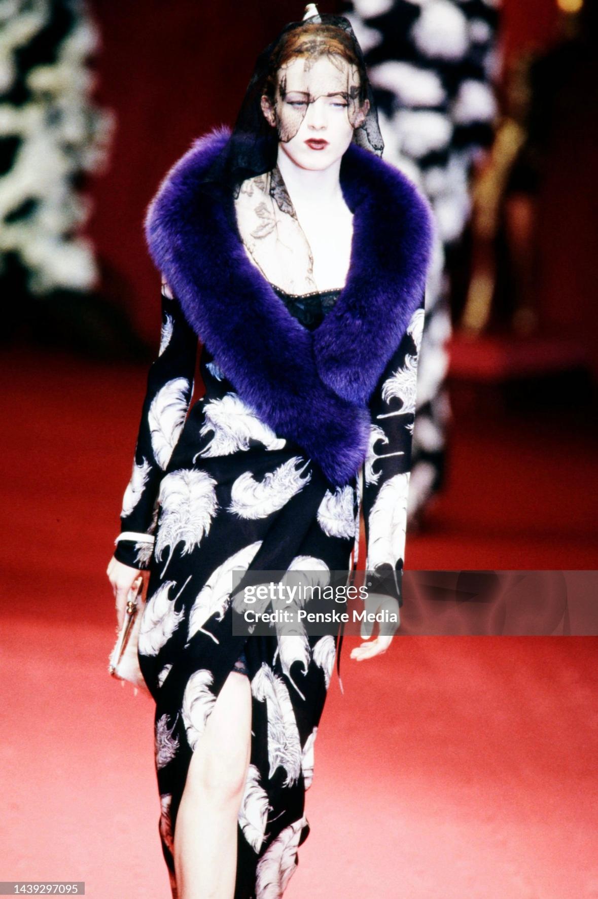 F/W 1997 Dolce & Gabbana Runway Purple Fox Fur Black Feather Print Duster Coat - RealList