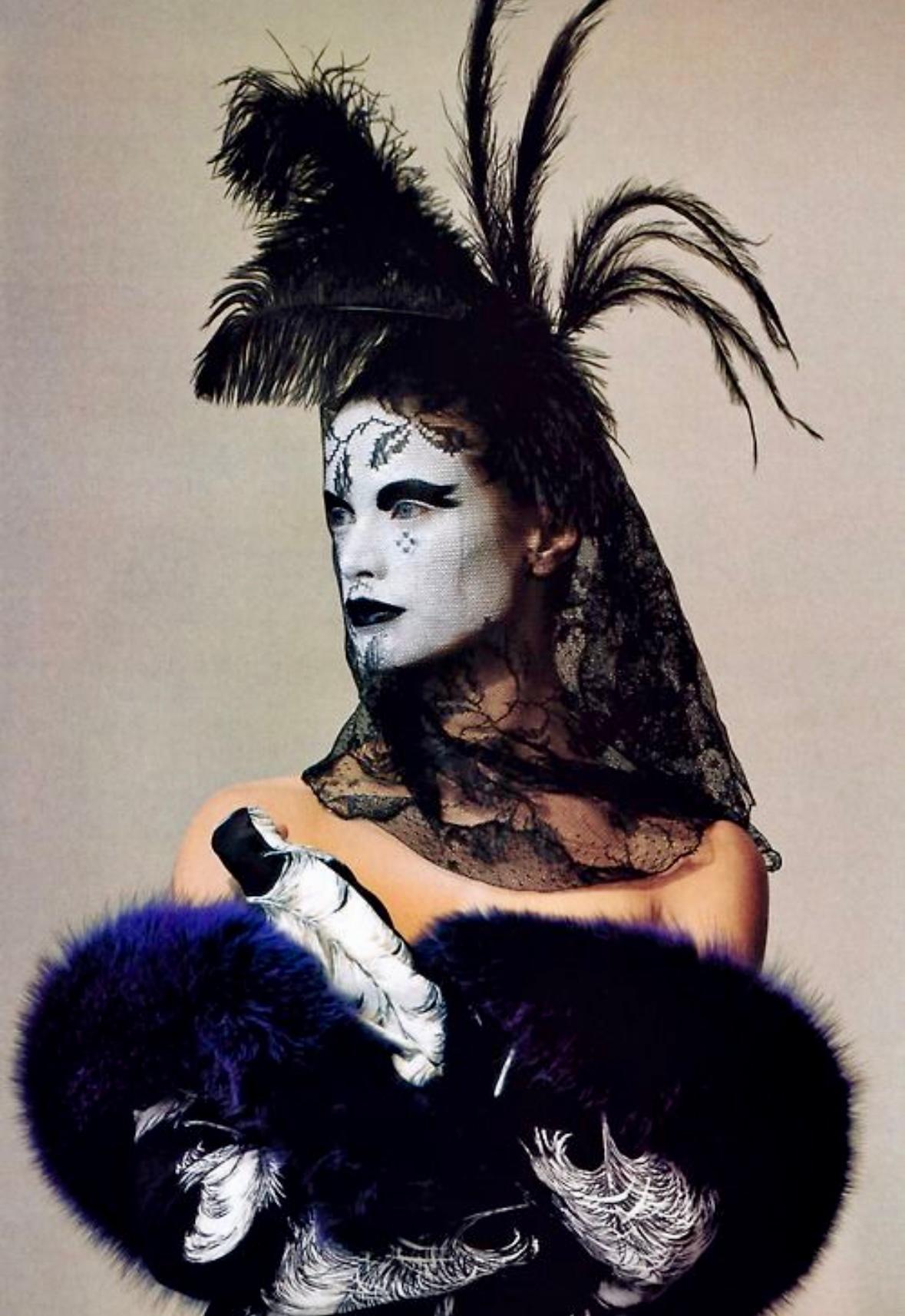 F/W 1997 Dolce & Gabbana Runway Purple Fox Fur Black Feather Print Duster Coat - RealList