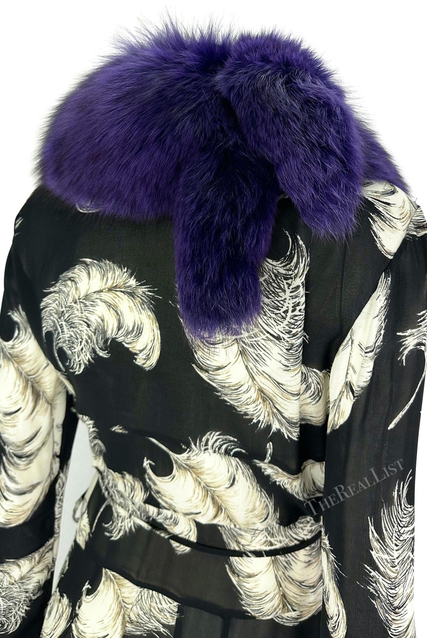 F/W 1997 Dolce & Gabbana Runway Purple Fox Fur Black Feather Print Duster Coat - RealList