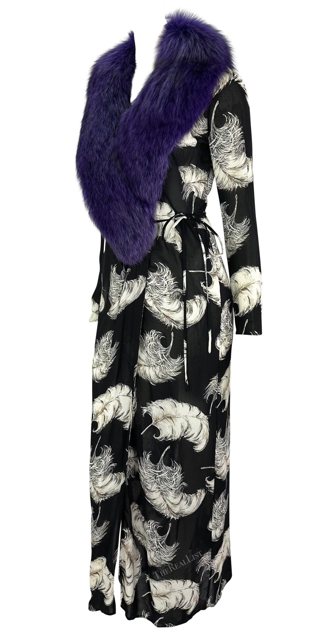 F/W 1997 Dolce & Gabbana Runway Purple Fox Fur Black Feather Print Duster Coat - RealList