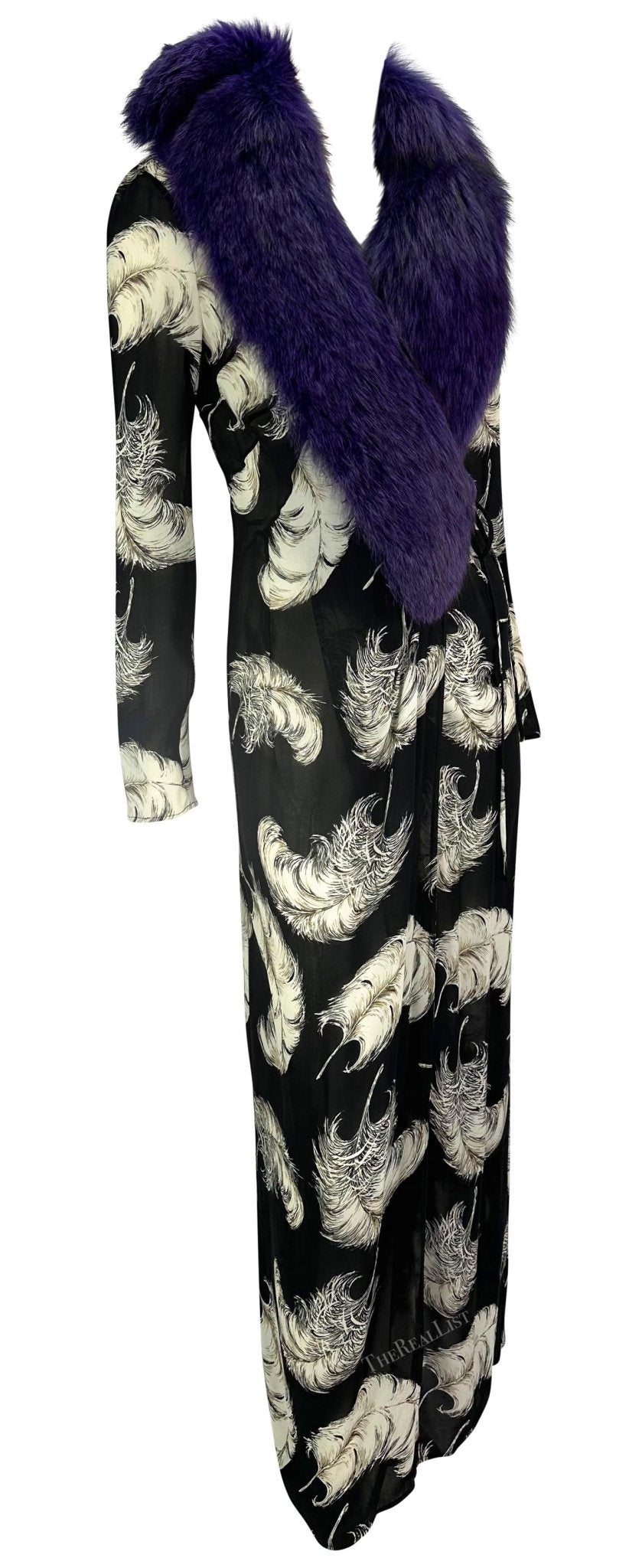 F/W 1997 Dolce & Gabbana Runway Purple Fox Fur Black Feather Print Duster Coat - RealList