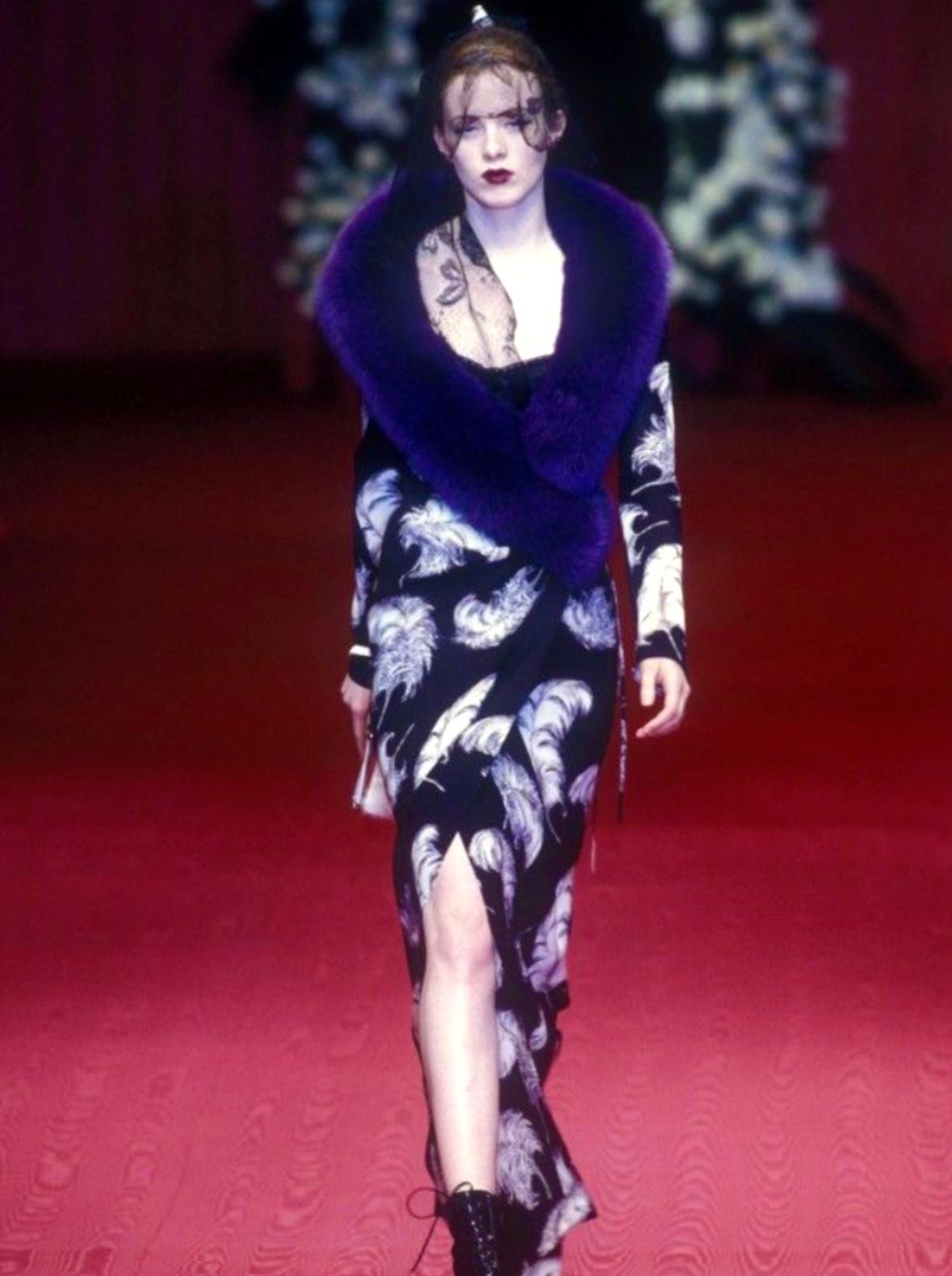 F/W 1997 Dolce & Gabbana Runway Purple Fox Fur Black Feather Print Duster Coat - RealList