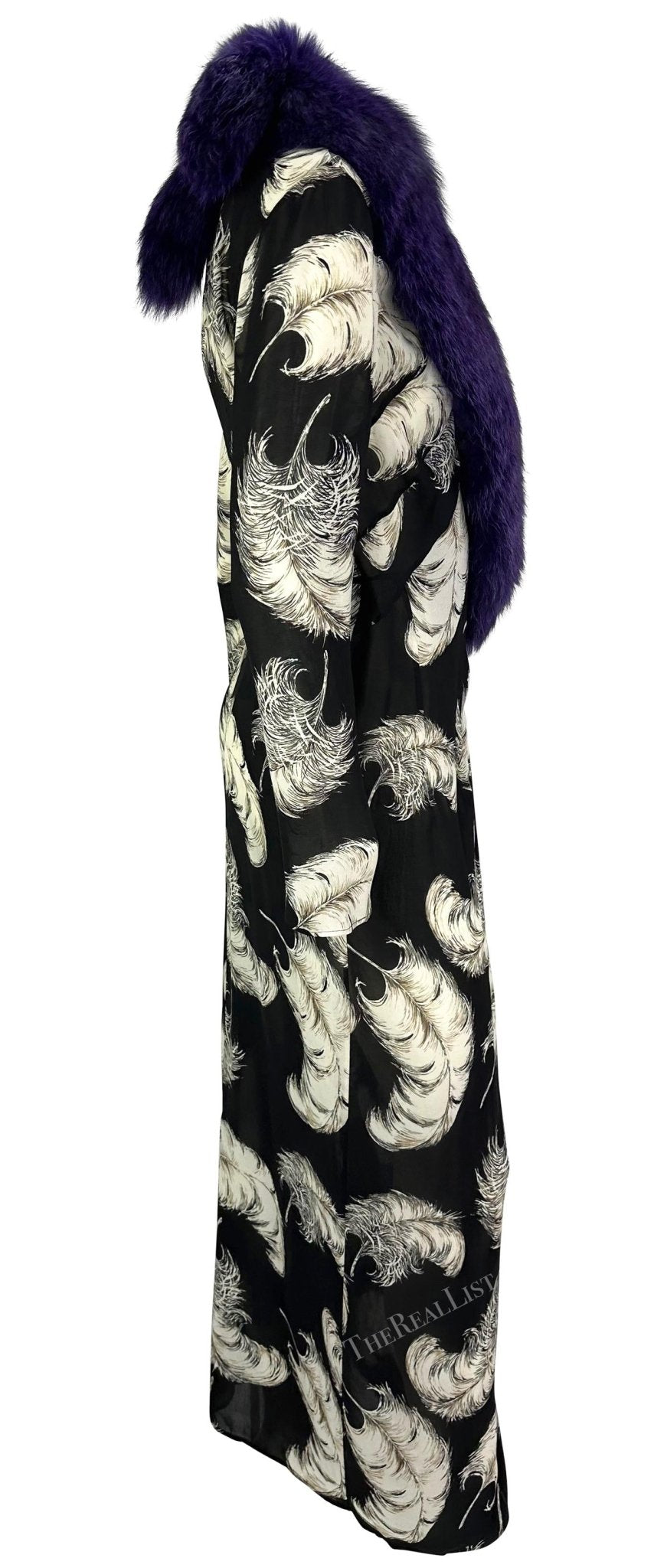 F/W 1997 Dolce & Gabbana Runway Purple Fox Fur Black Feather Print Duster Coat - RealList