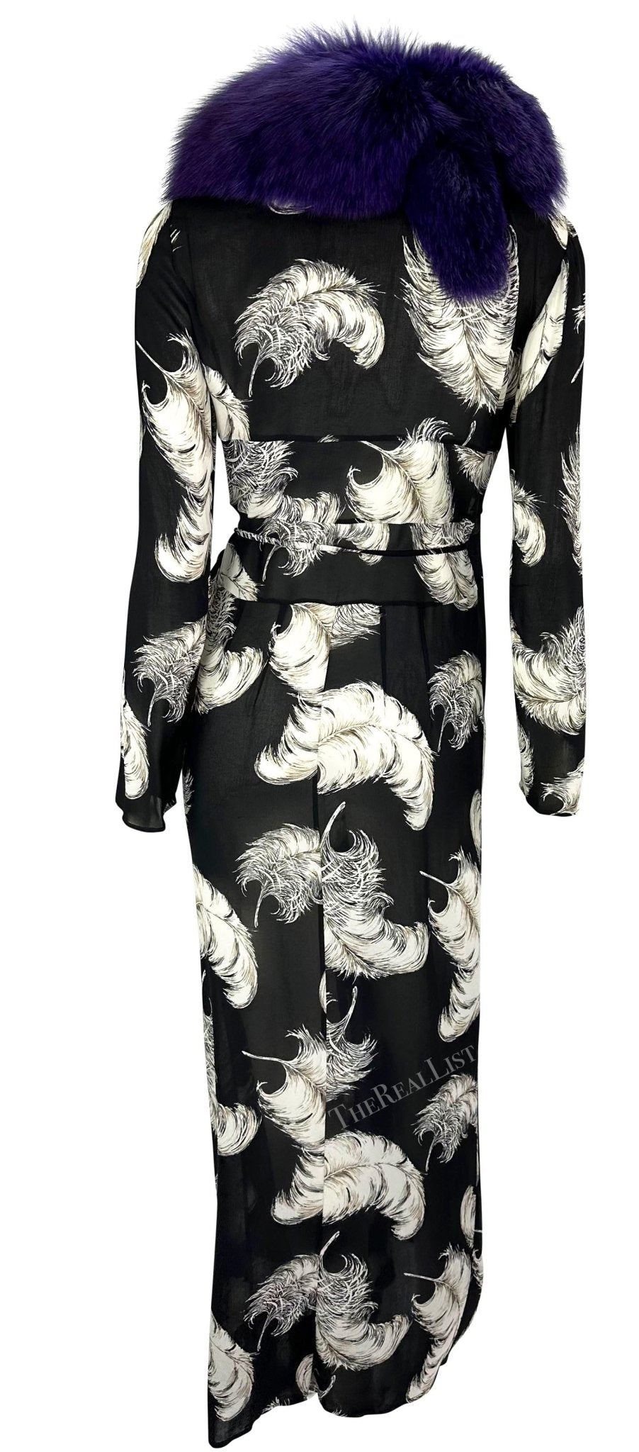 F/W 1997 Dolce & Gabbana Runway Purple Fox Fur Black Feather Print Duster Coat - RealList