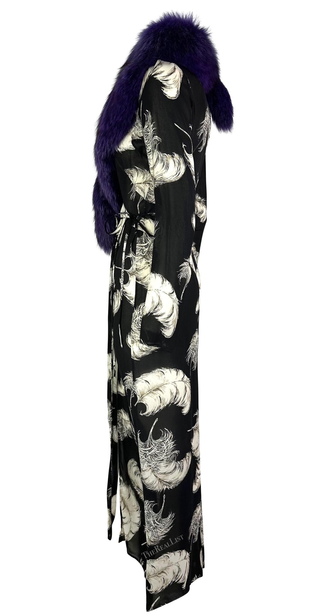 F/W 1997 Dolce & Gabbana Runway Purple Fox Fur Black Feather Print Duster Coat - RealList