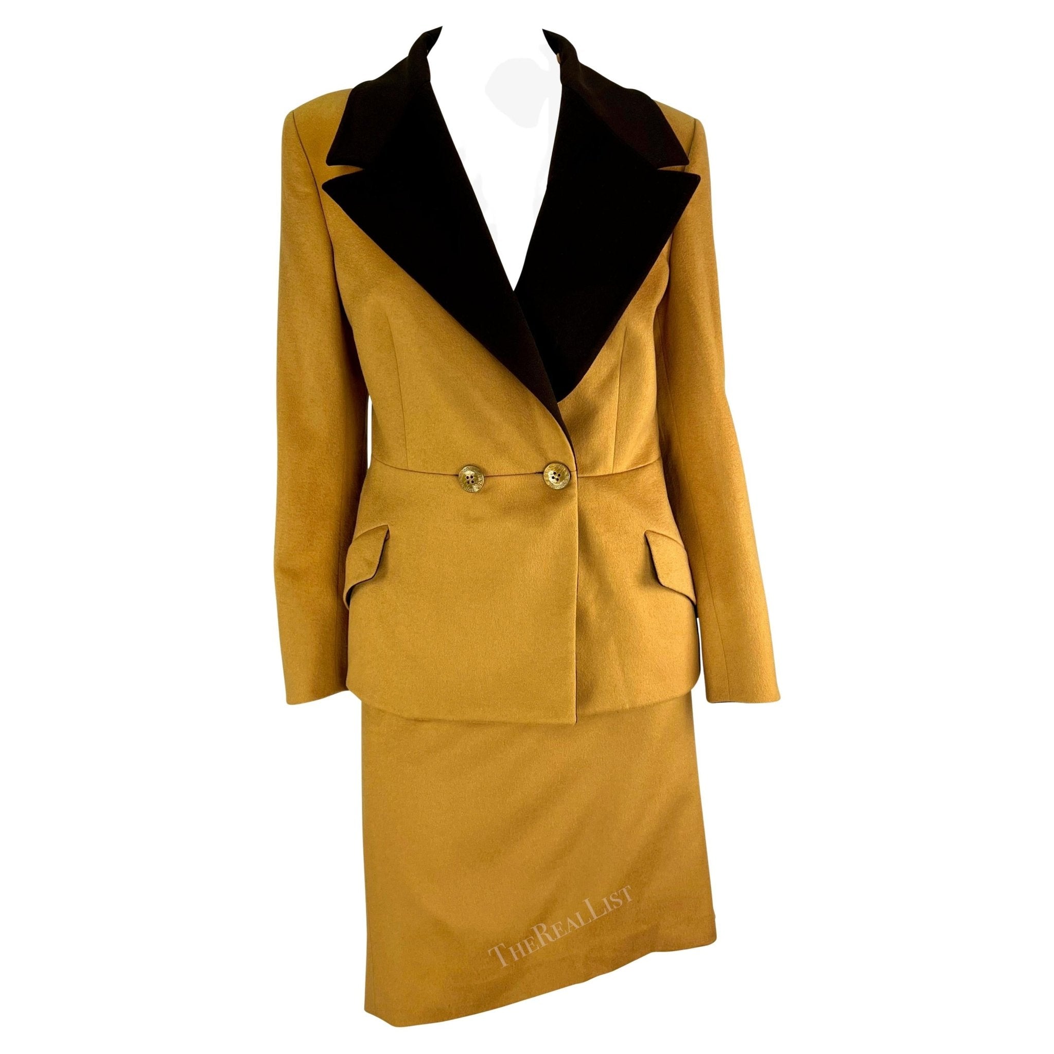 F/W 1997 Gianni Versace Couture Mustard Fox Fur Trim Wool Skirt Suit - RealList