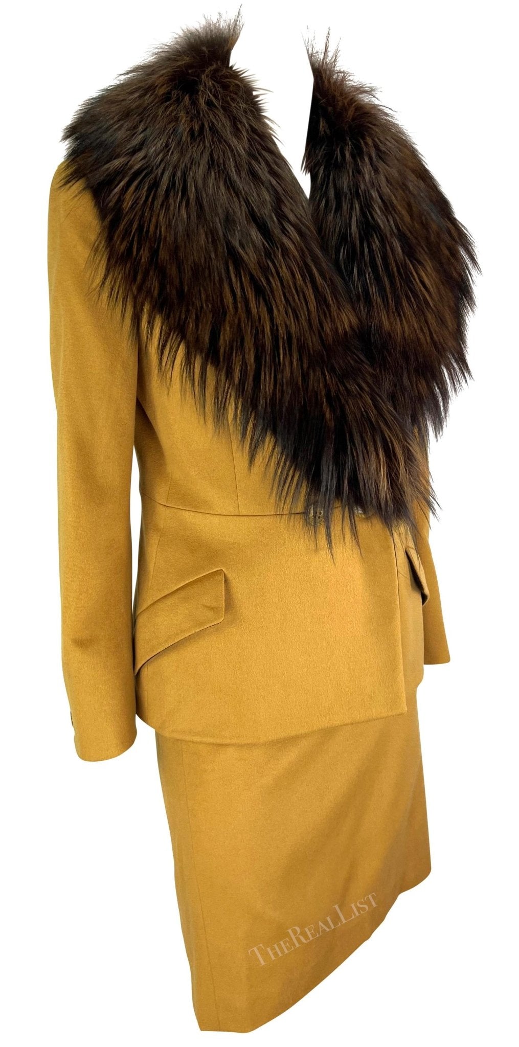 F/W 1997 Gianni Versace Couture Mustard Fox Fur Trim Wool Skirt Suit - RealList