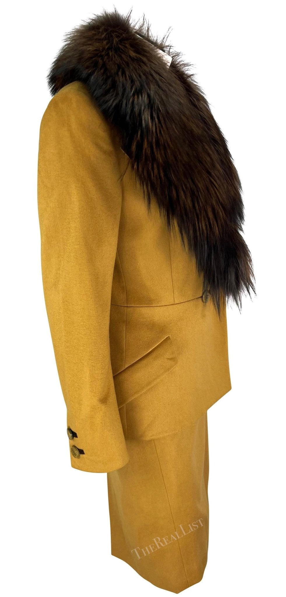 F/W 1997 Gianni Versace Couture Mustard Fox Fur Trim Wool Skirt Suit - RealList