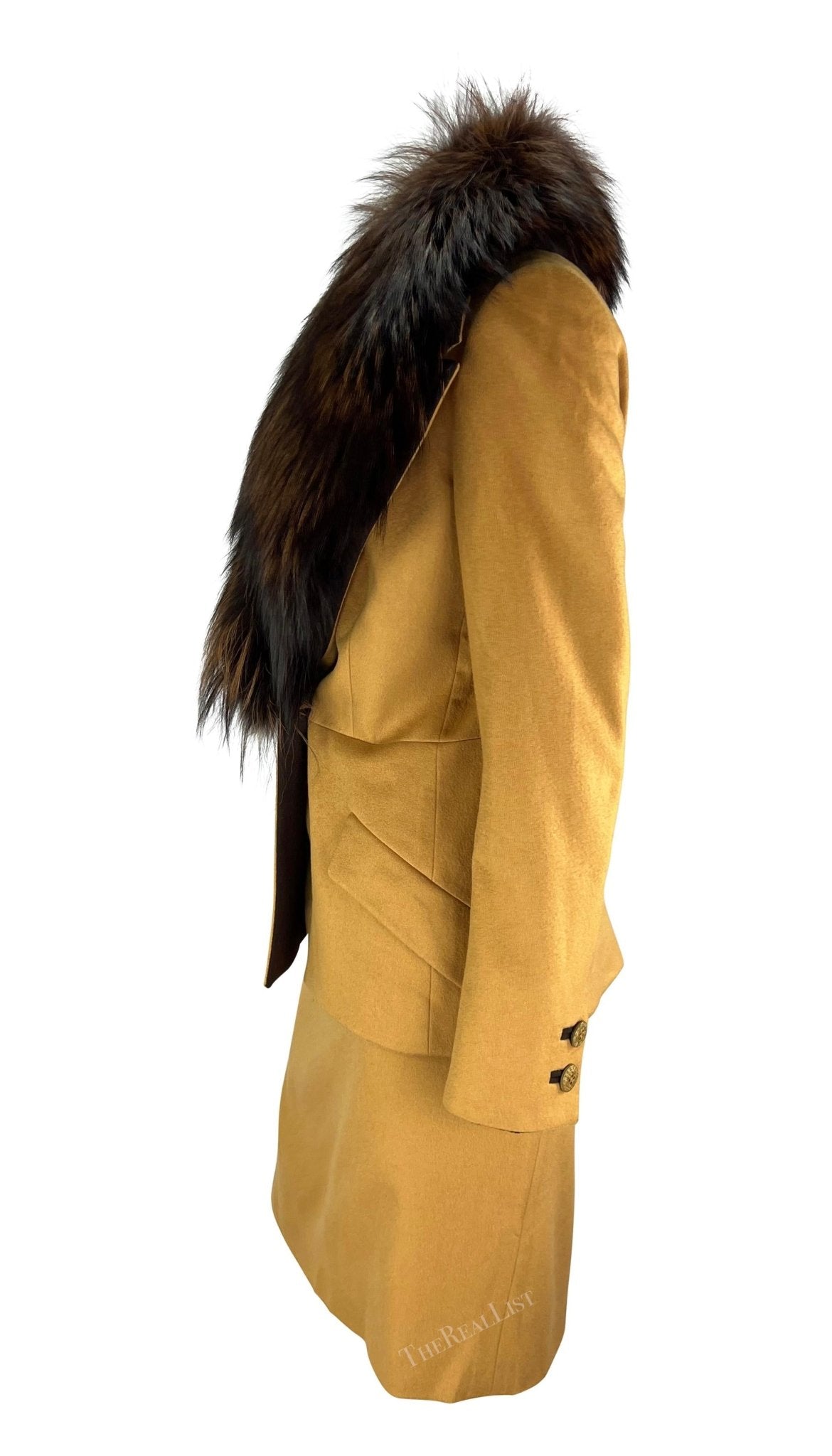 F/W 1997 Gianni Versace Couture Mustard Fox Fur Trim Wool Skirt Suit - RealList
