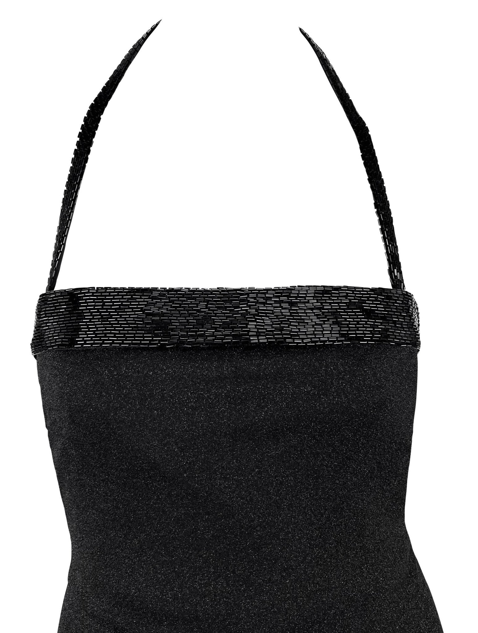 F/W 1997 Gianni Versace Runway Beaded Black Lurex Metallic Halter Neck Gown - RealList