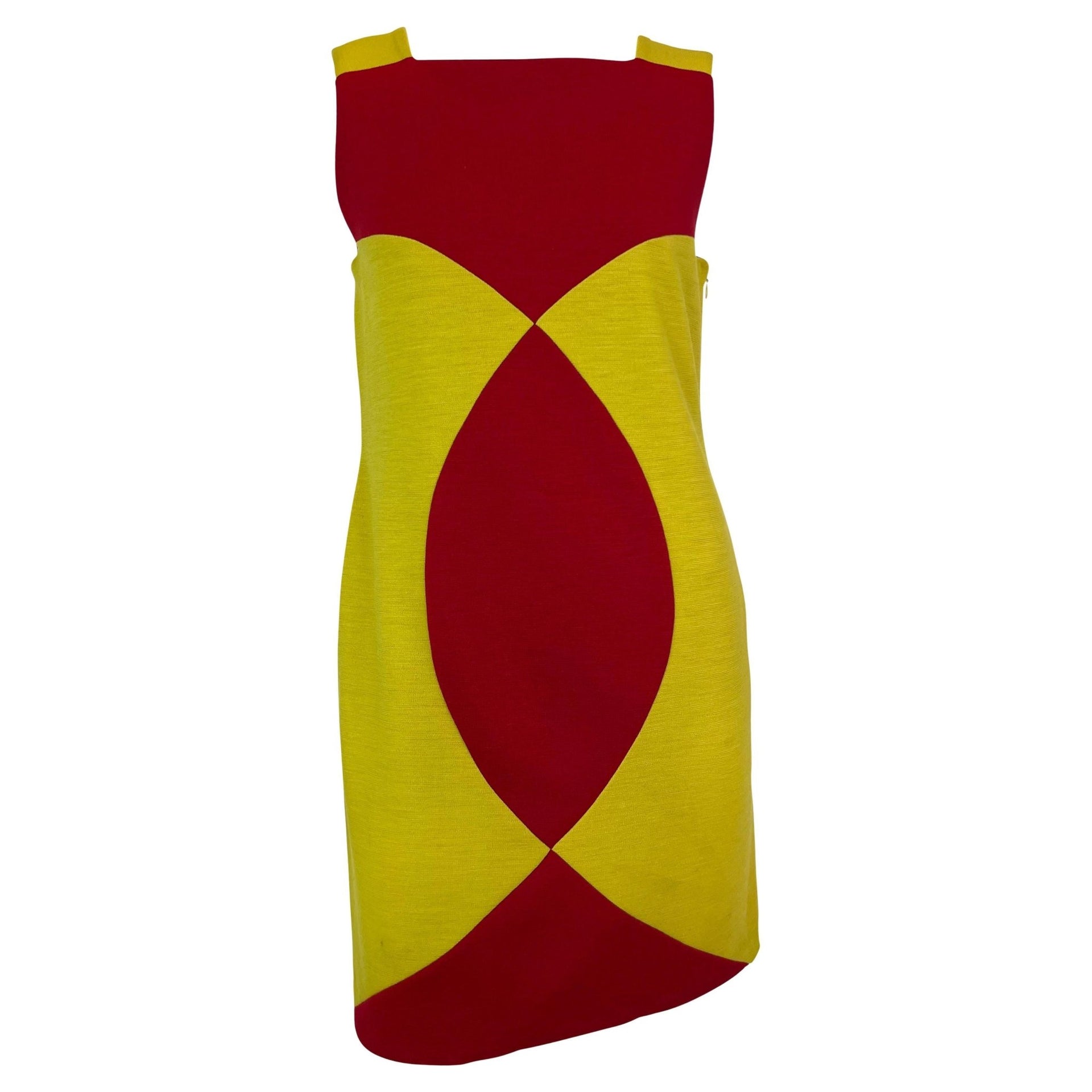 F/W 1997 Gianni Versace Runway Yellow Red Color Block Mini Shift Dress - RealList