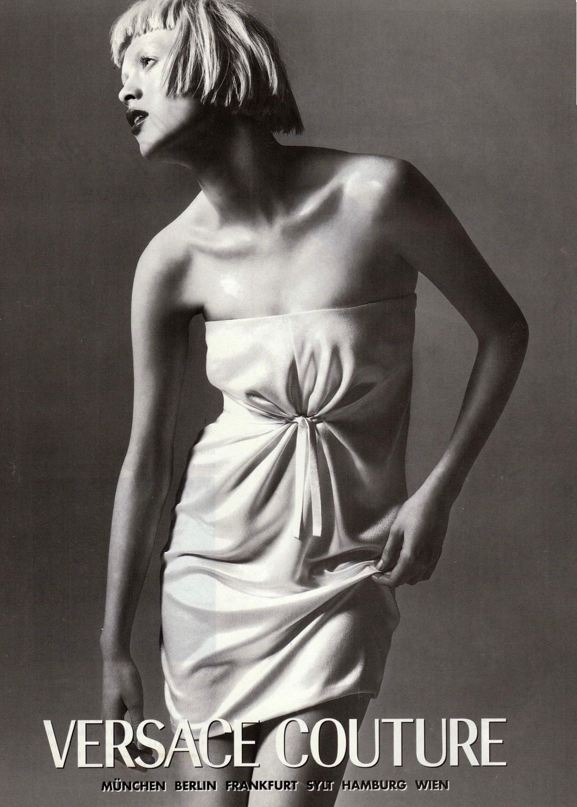 F/W 1997 Gianni Versace Strapless Satin Tie - Front Black Gown - RealList