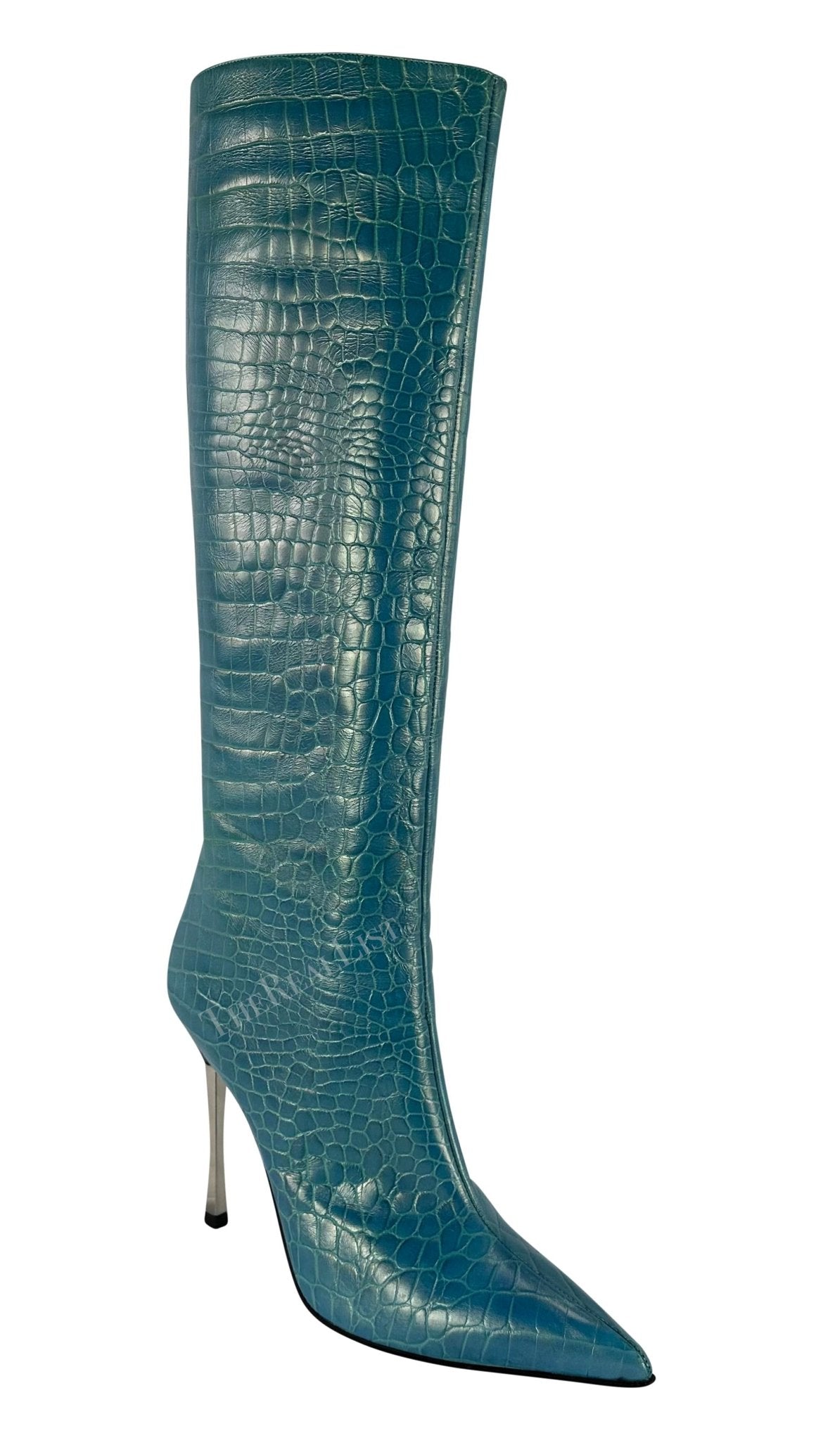 F/W 1997 Gucci by Tom Ford Blue Metallic Crocodile Embossed Heel Boots Size 10B - RealList