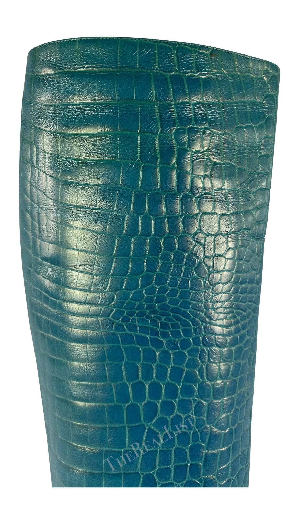 F/W 1997 Gucci by Tom Ford Blue Metallic Crocodile Embossed Heel Boots Size 10B - RealList