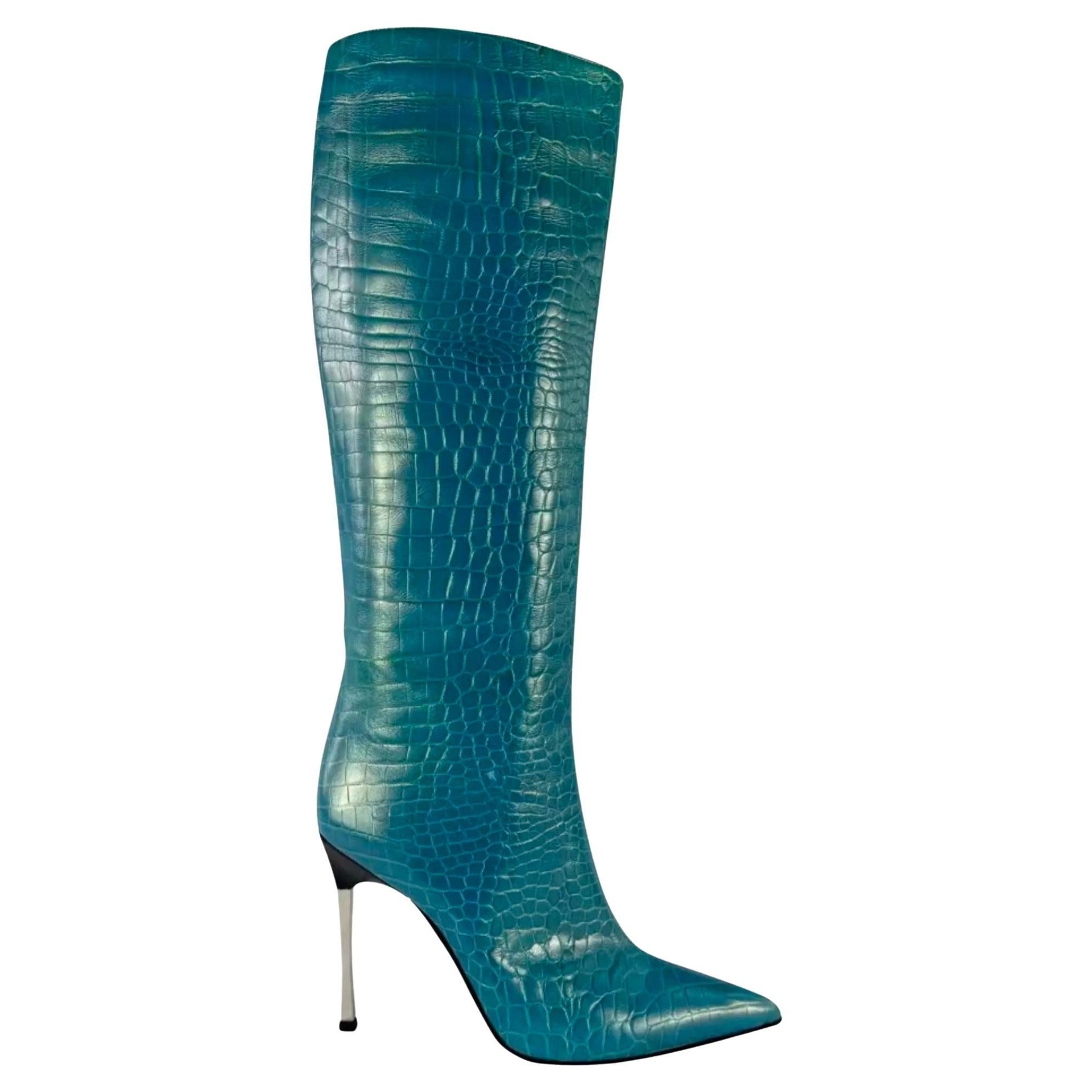 F/W 1997 Gucci by Tom Ford Blue Metallic Crocodile Embossed Heel Boots Size 10B - RealList