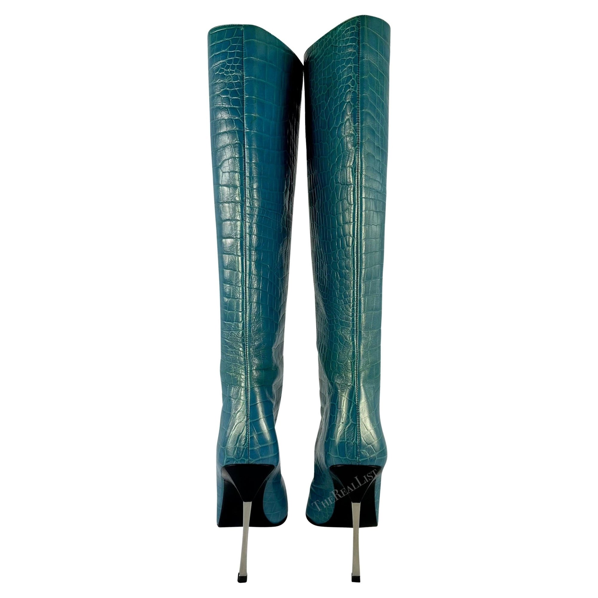 F/W 1997 Gucci by Tom Ford Blue Metallic Crocodile Embossed Heel Boots Size 10B - RealList