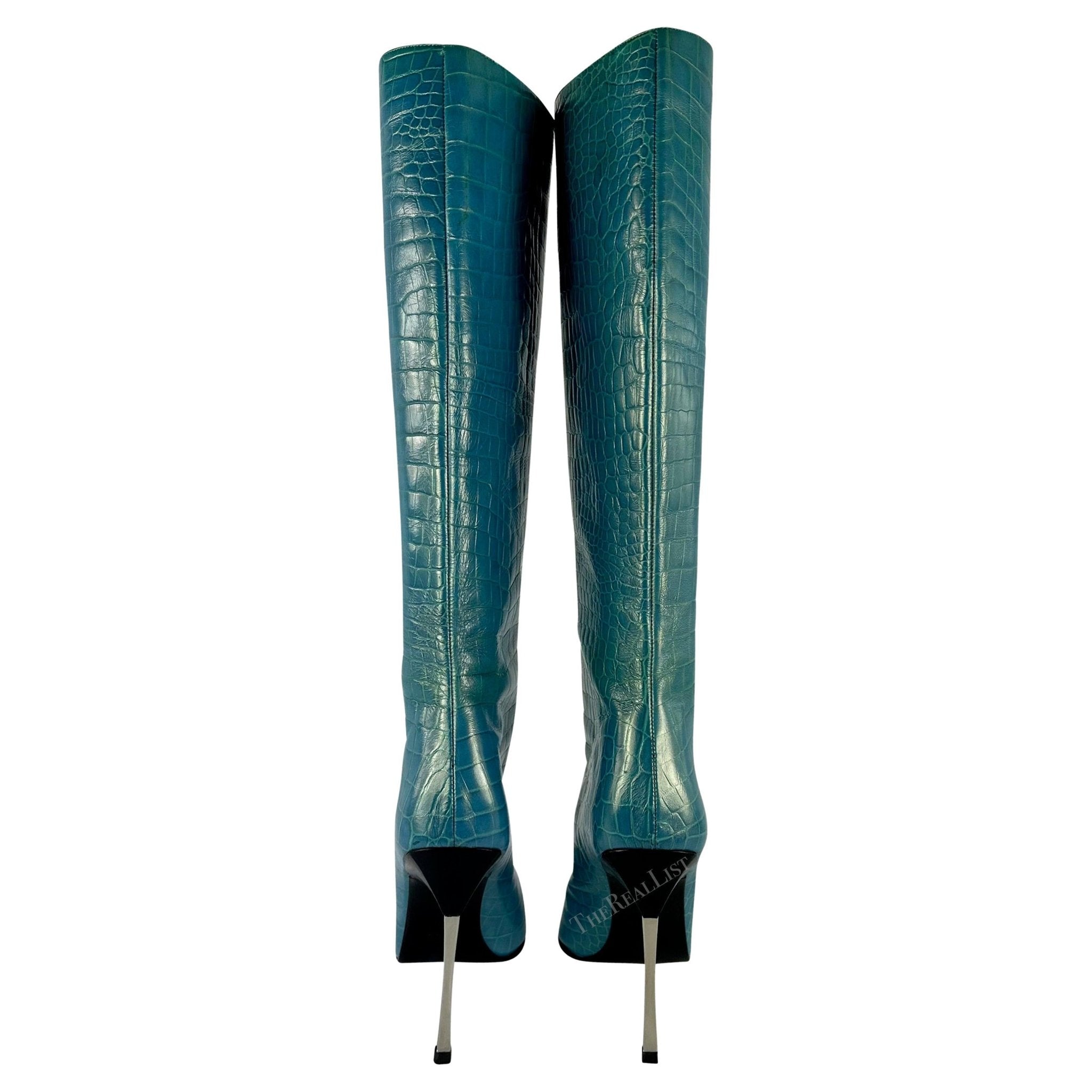 F/W 1997 Gucci by Tom Ford Blue Metallic Crocodile Embossed Heel Boots Size 10B - RealList