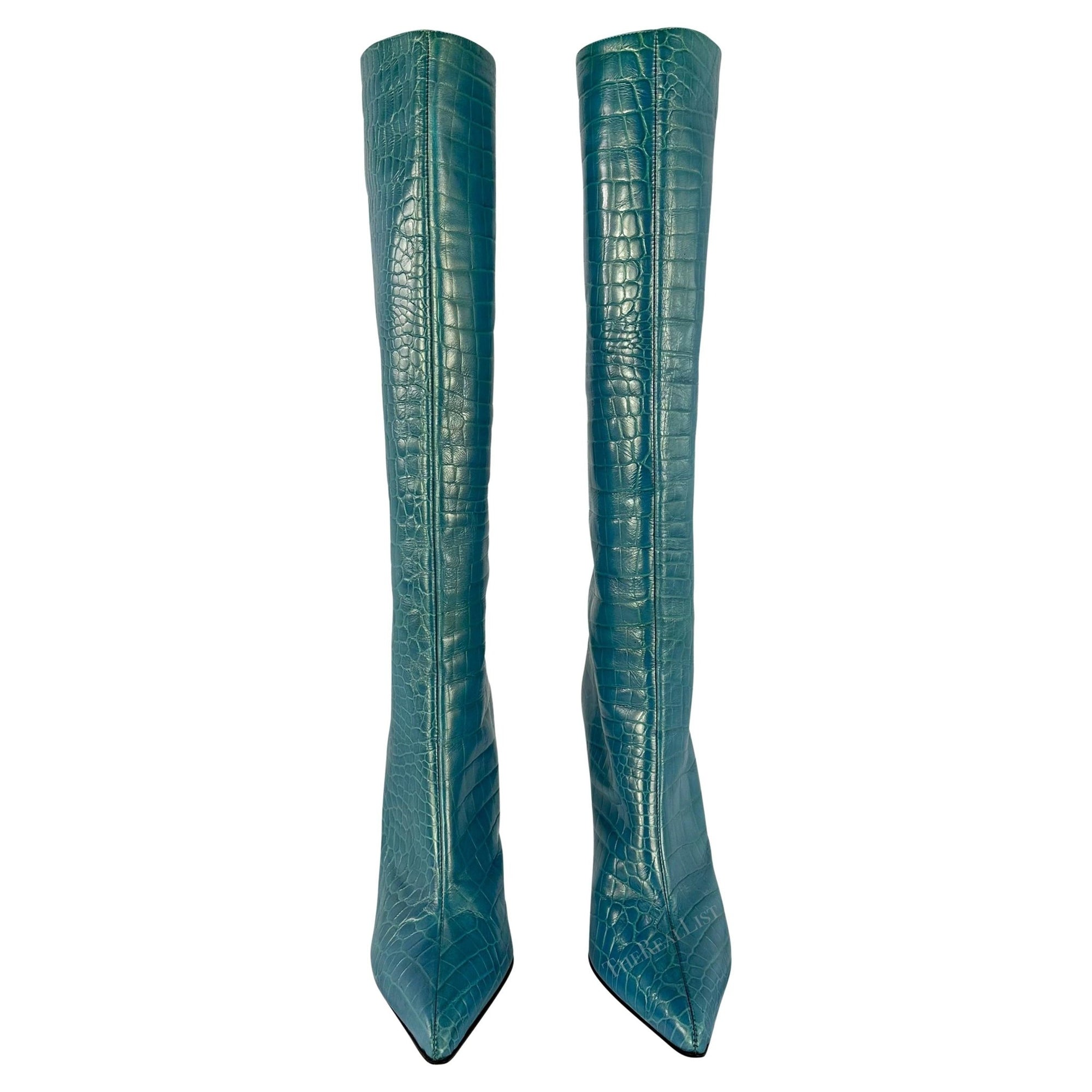 F/W 1997 Gucci by Tom Ford Blue Metallic Crocodile Embossed Heel Boots Size 10B - RealList