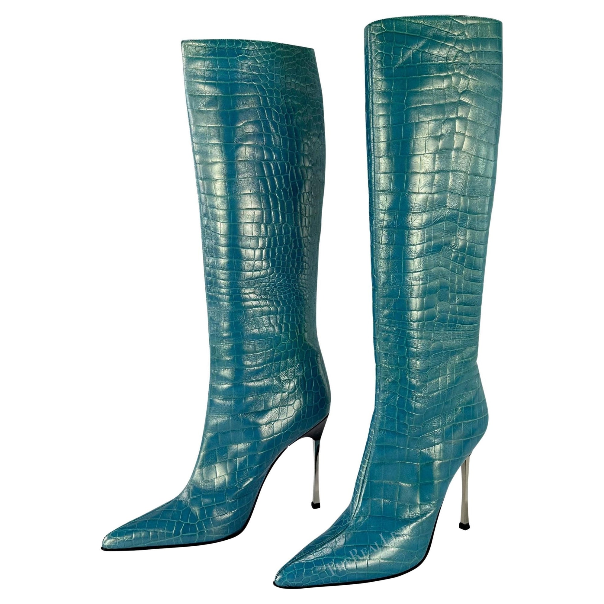 F/W 1997 Gucci by Tom Ford Blue Metallic Crocodile Embossed Heel Boots Size 10B - RealList