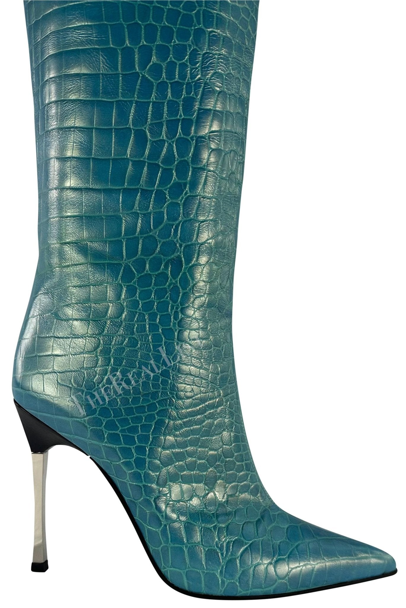 F/W 1997 Gucci by Tom Ford Blue Metallic Crocodile Embossed Heel Boots Size 10B - RealList