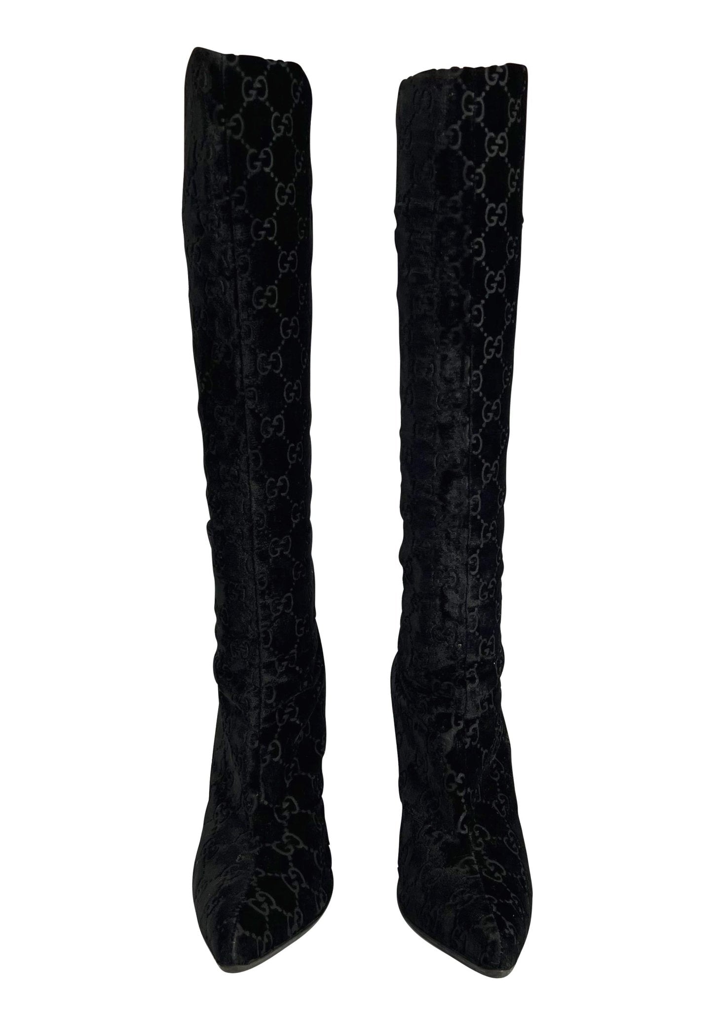 F/W 1997 Gucci by Tom Ford 'GG' Monogram Black Velvet Heel Boots Size 7.5B - RealList