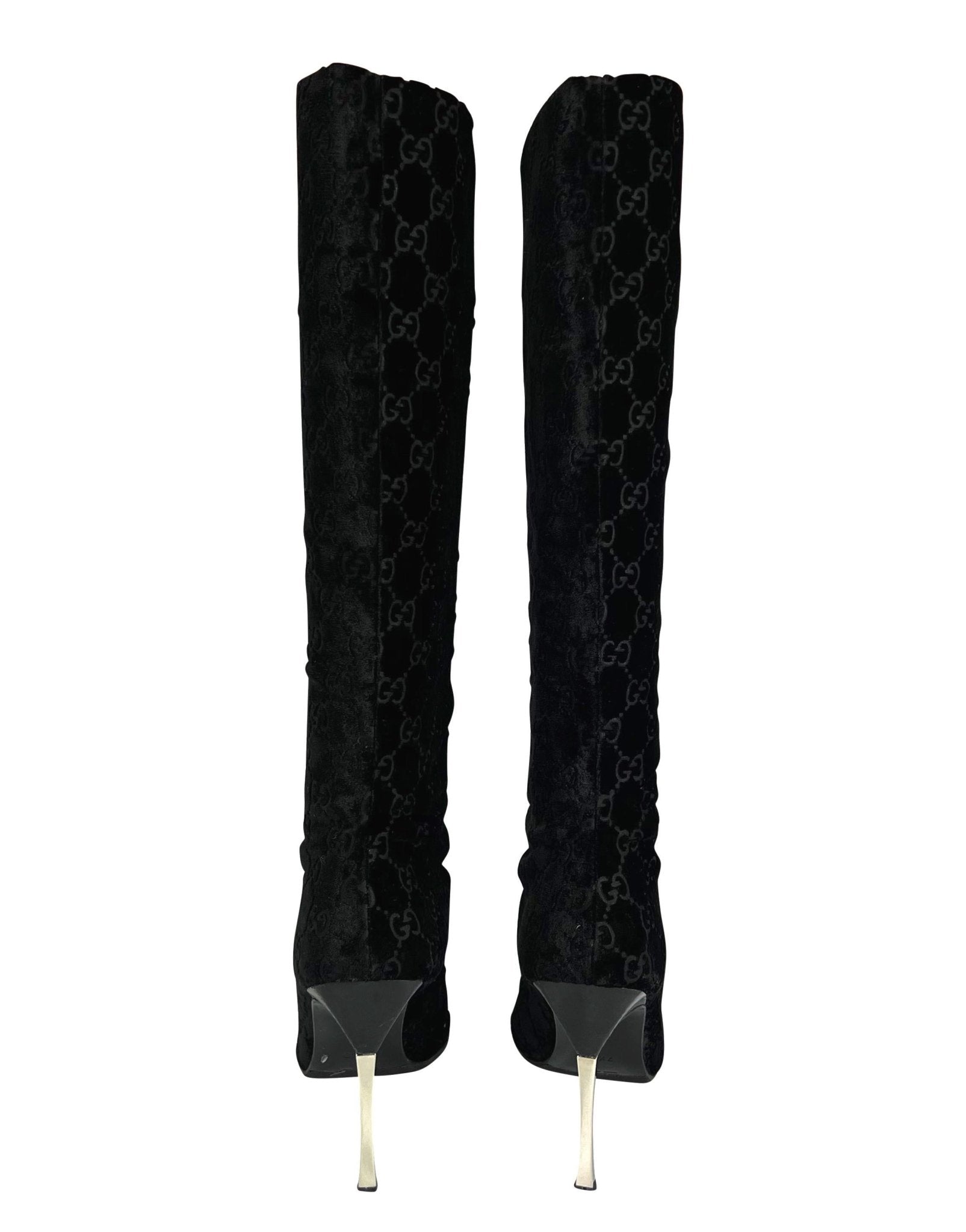 F/W 1997 Gucci by Tom Ford 'GG' Monogram Black Velvet Heel Boots Size 7.5B - RealList