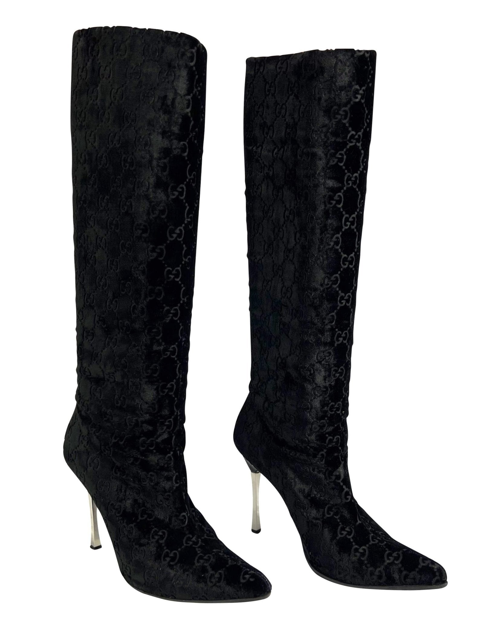F/W 1997 Gucci by Tom Ford 'GG' Monogram Black Velvet Heel Boots Size 7.5B - RealList