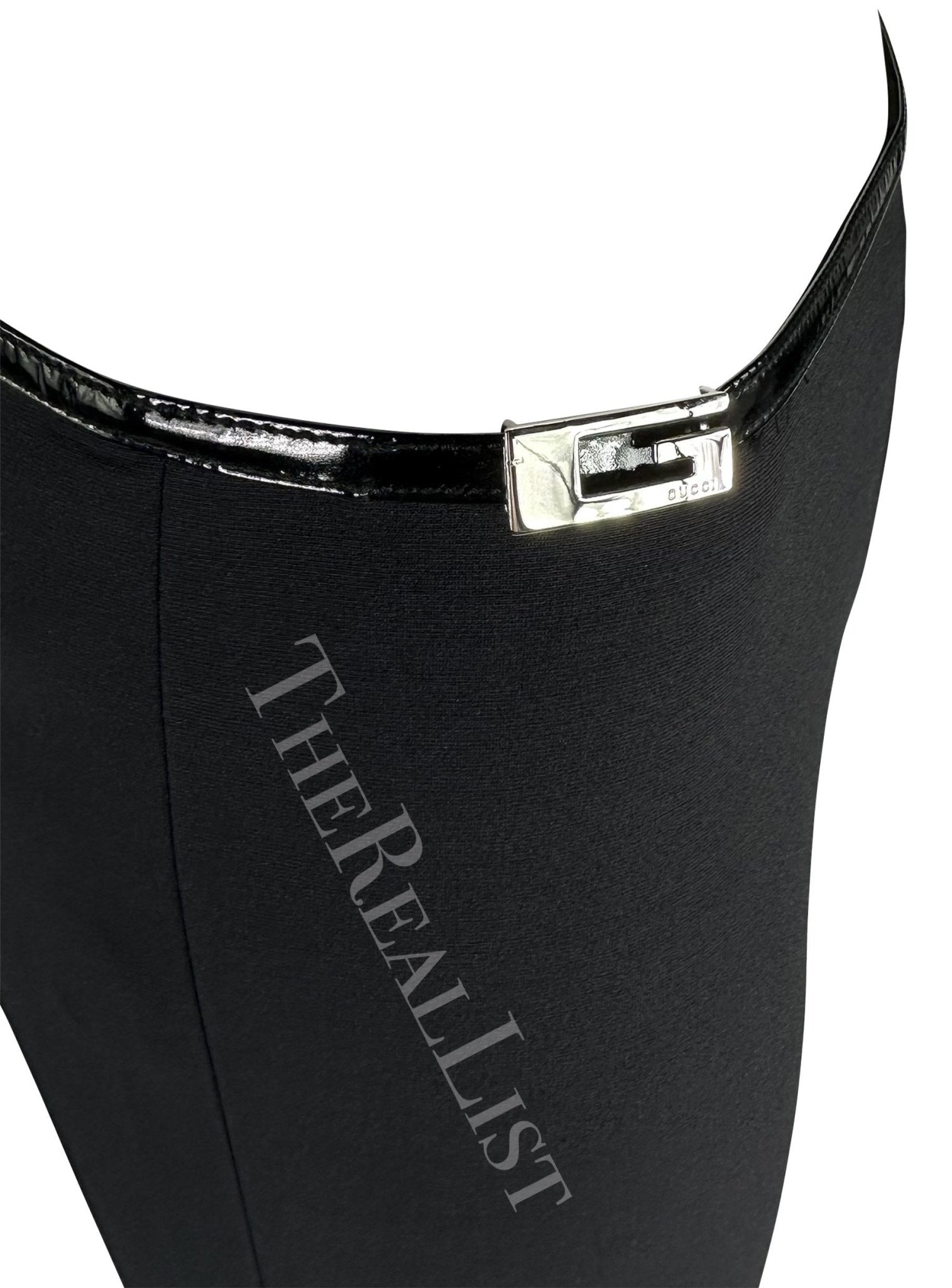 F/W 1997 Gucci by Tom Ford Runway Black Square 'G' Buckle Patent Stretch Pants - RealList