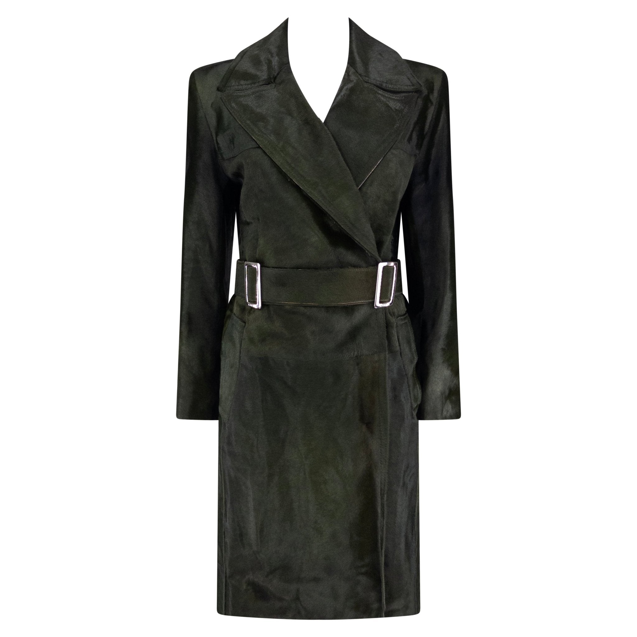 F/W 1997 Gucci by Tom Ford Runway Dark Green Pony Hair Belted Coat - RealList