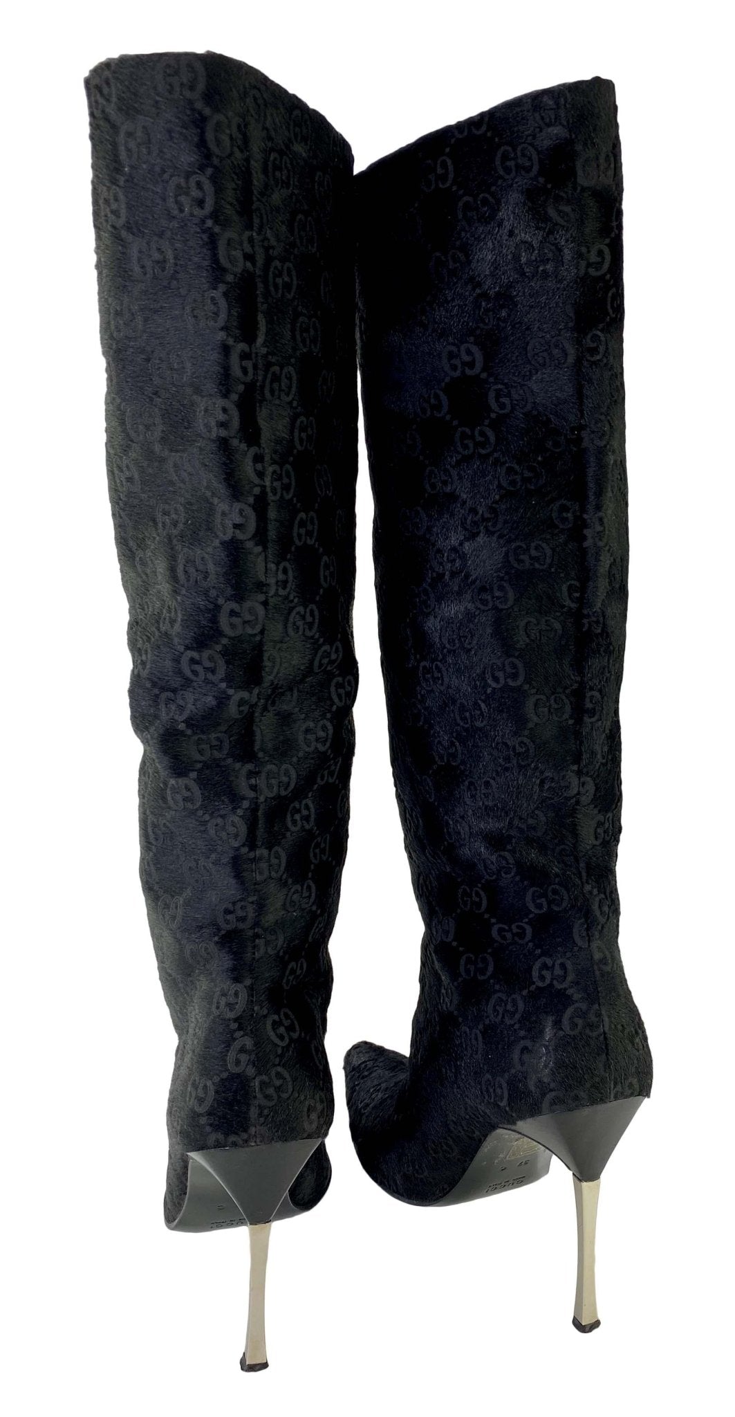 F/W 1997 Gucci by Tom Ford Runway GG Black Pony Hair Metal Heel Boots 37C - RealList