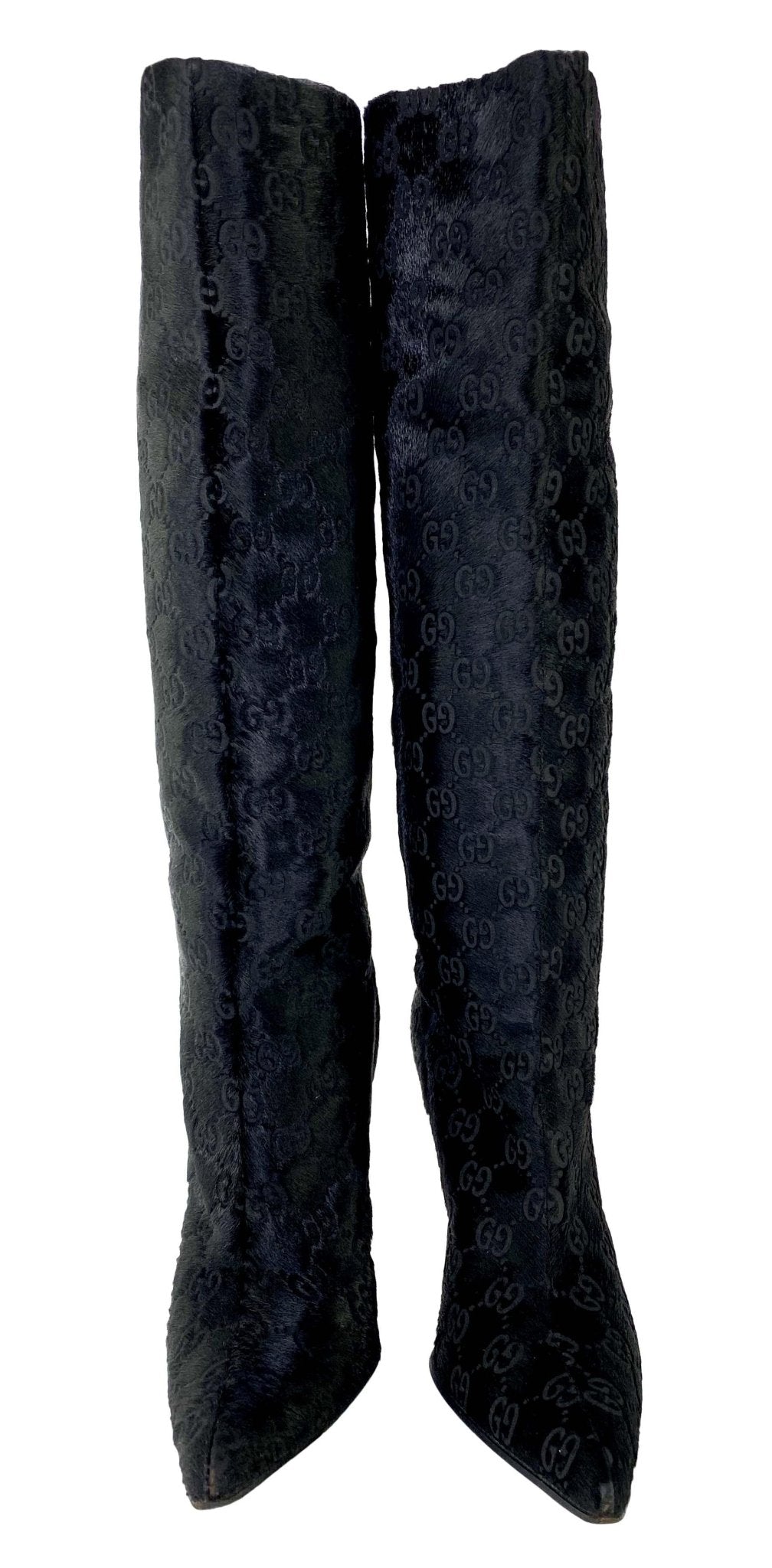 F/W 1997 Gucci by Tom Ford Runway GG Black Pony Hair Metal Heel Boots 37C - RealList