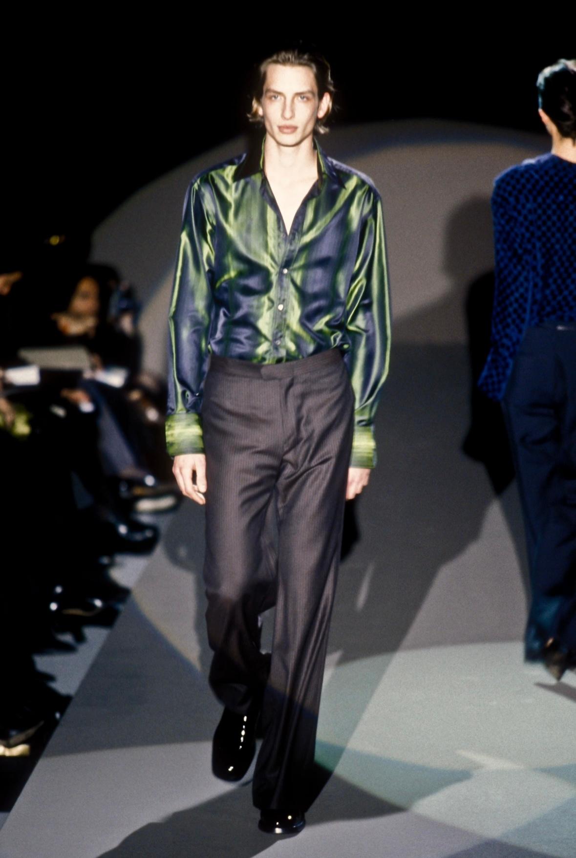 F/W 1997 Gucci by Tom Ford Runway Green Ombré Stripe Shoulder Pad Button Up Top - RealList