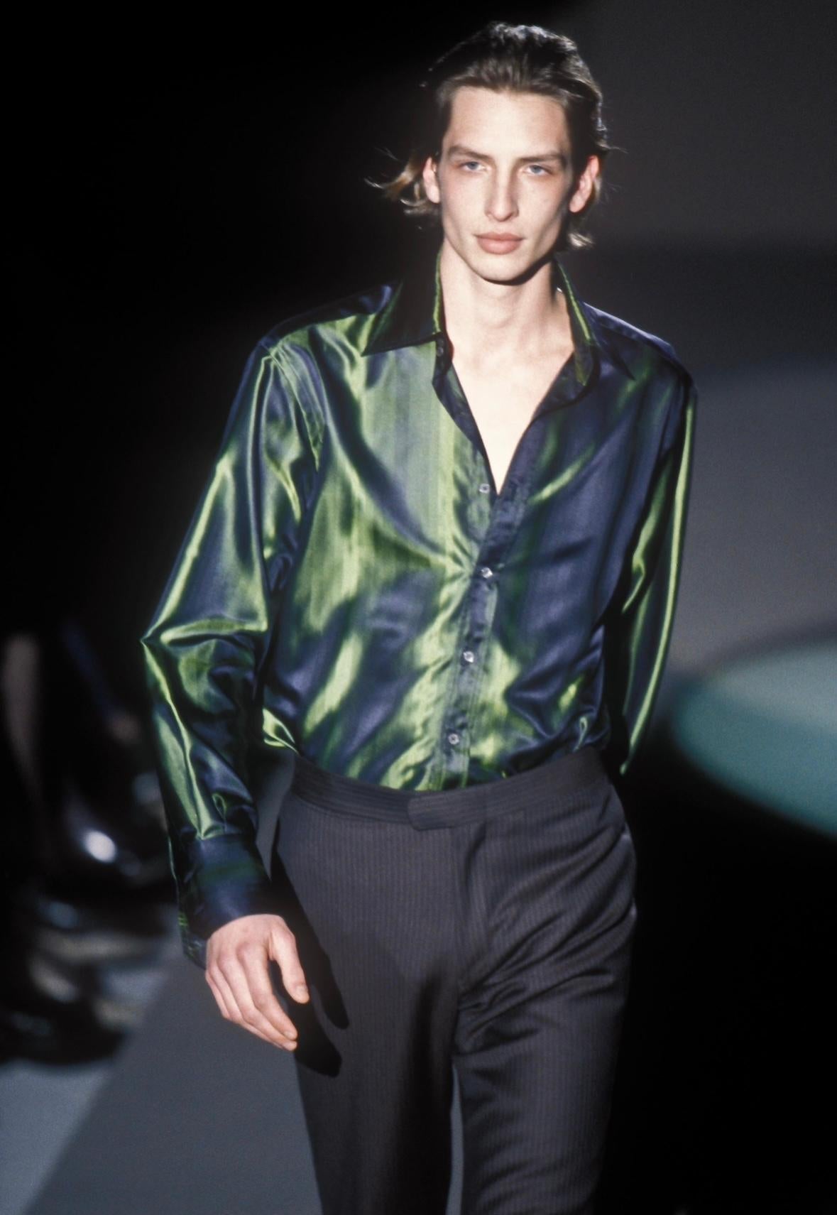 F/W 1997 Gucci by Tom Ford Runway Green Ombré Stripe Shoulder Pad Button Up Top - RealList