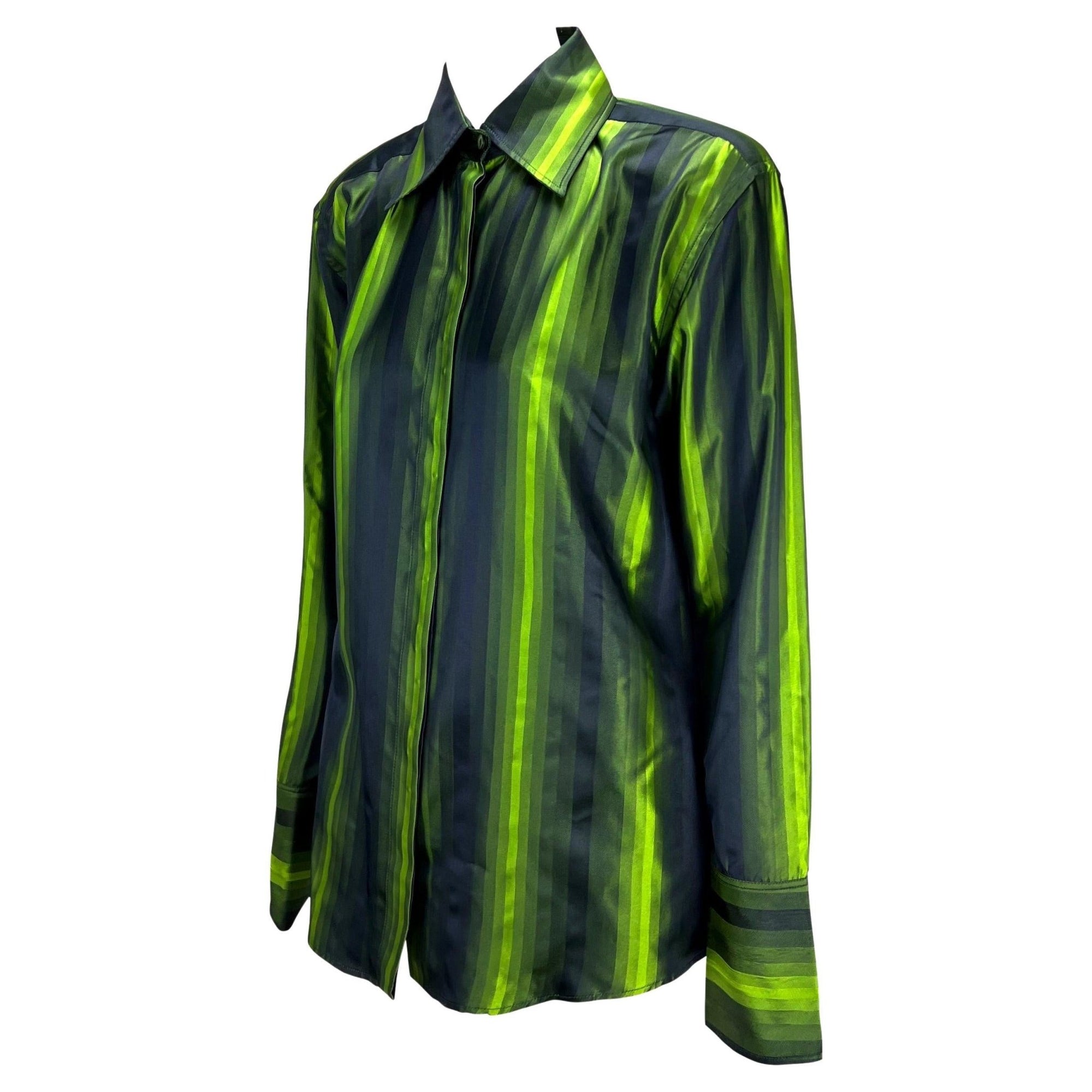 F/W 1997 Gucci by Tom Ford Runway Green Ombré Stripe Shoulder Pad Button Up Top - RealList
