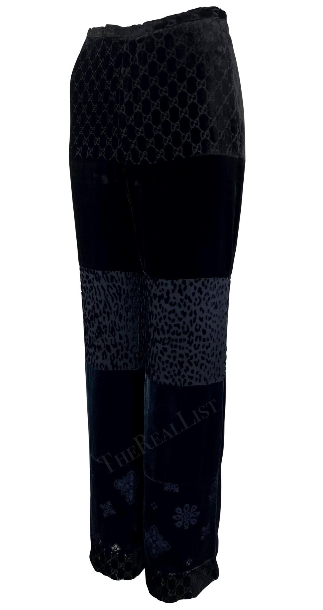 F/W 1997 Gucci by Tom Ford Runway Velvet GG Monogram Navy Black Patchwork Pants - RealList