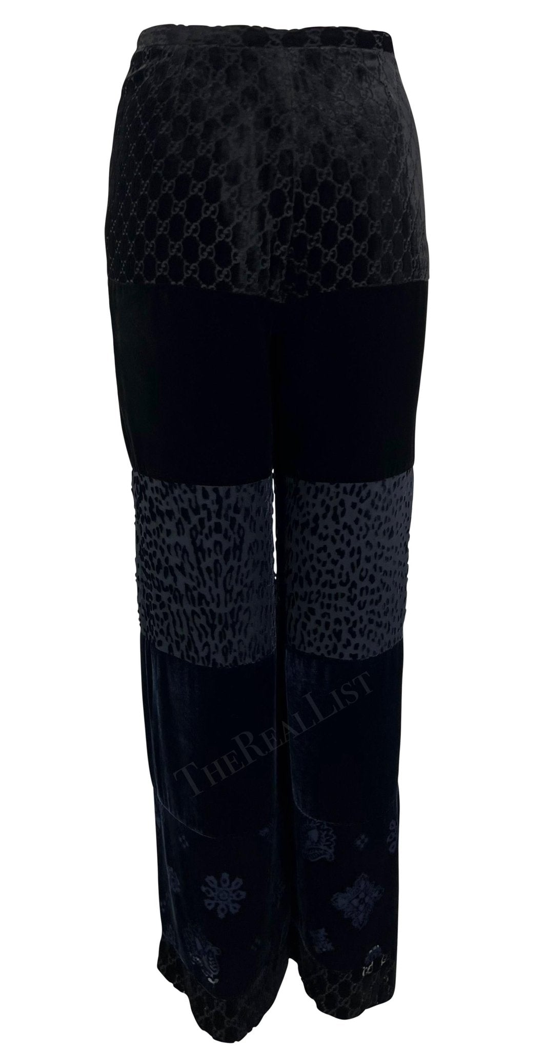 F/W 1997 Gucci by Tom Ford Runway Velvet GG Monogram Navy Black Patchwork Pants - RealList