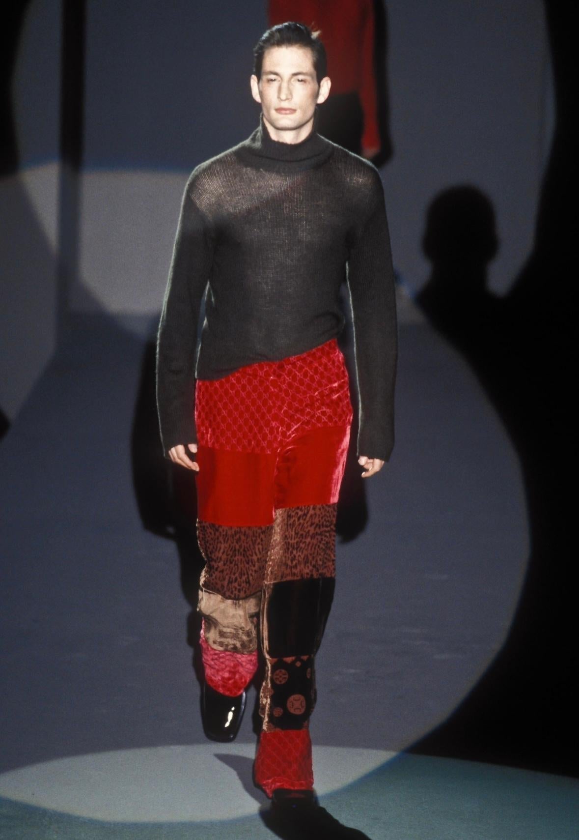 F/W 1997 Gucci by Tom Ford Runway Velvet GG Monogram Navy Black Patchwork Pants - RealList