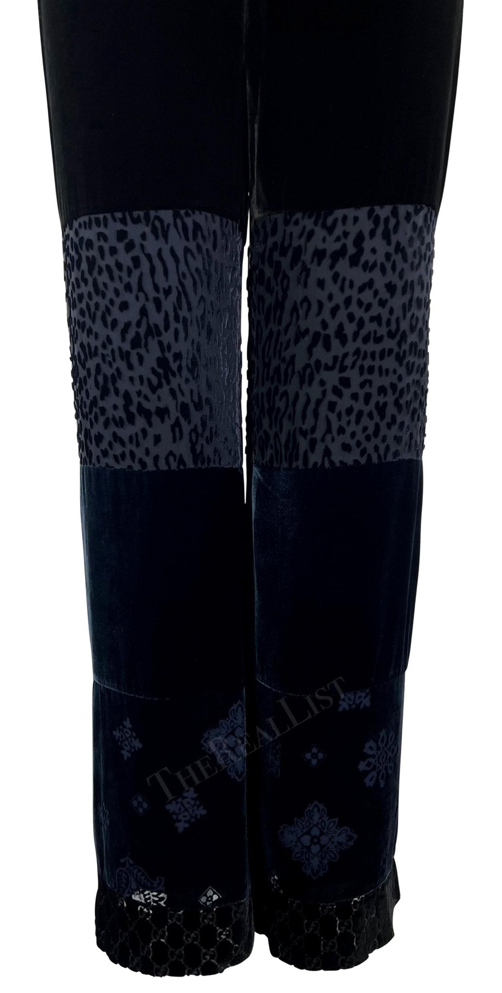 F/W 1997 Gucci by Tom Ford Runway Velvet GG Monogram Navy Black Patchwork Pants - RealList