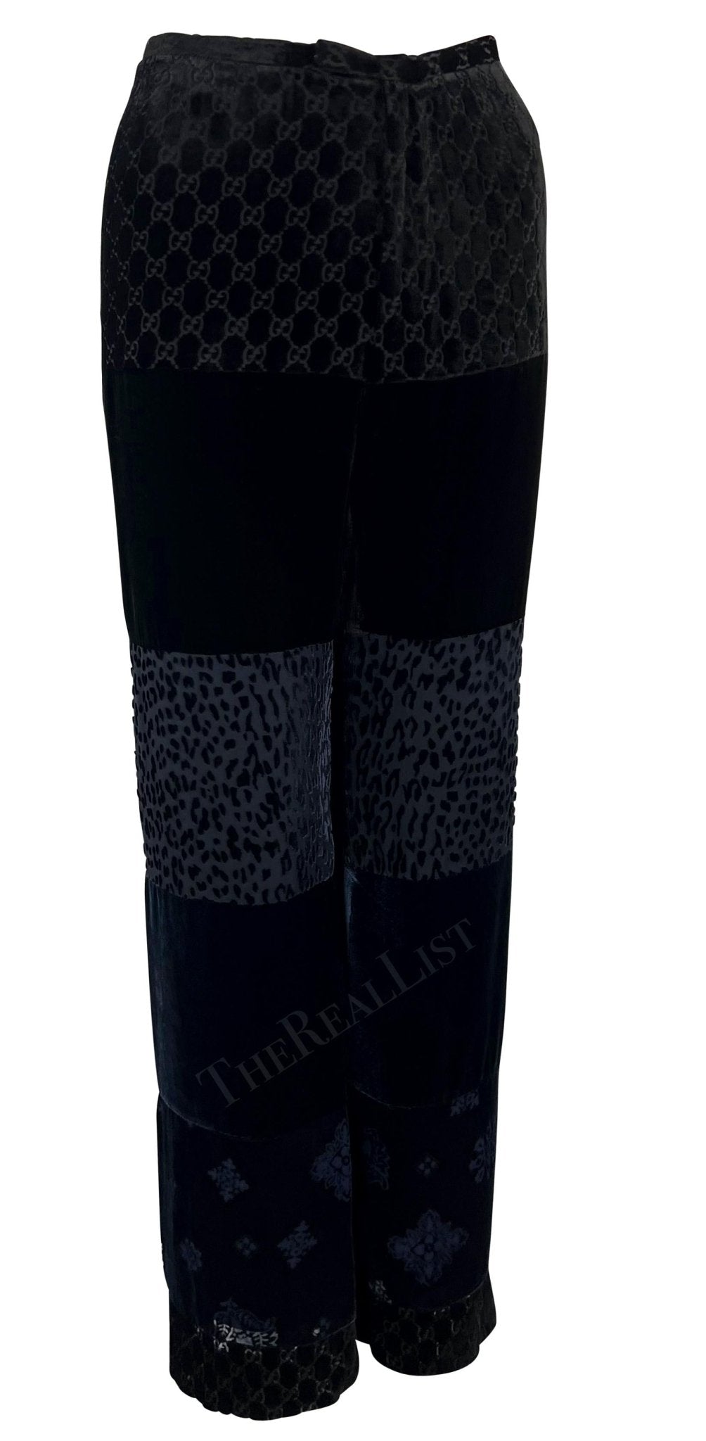 F/W 1997 Gucci by Tom Ford Runway Velvet GG Monogram Navy Black Patchwork Pants - RealList