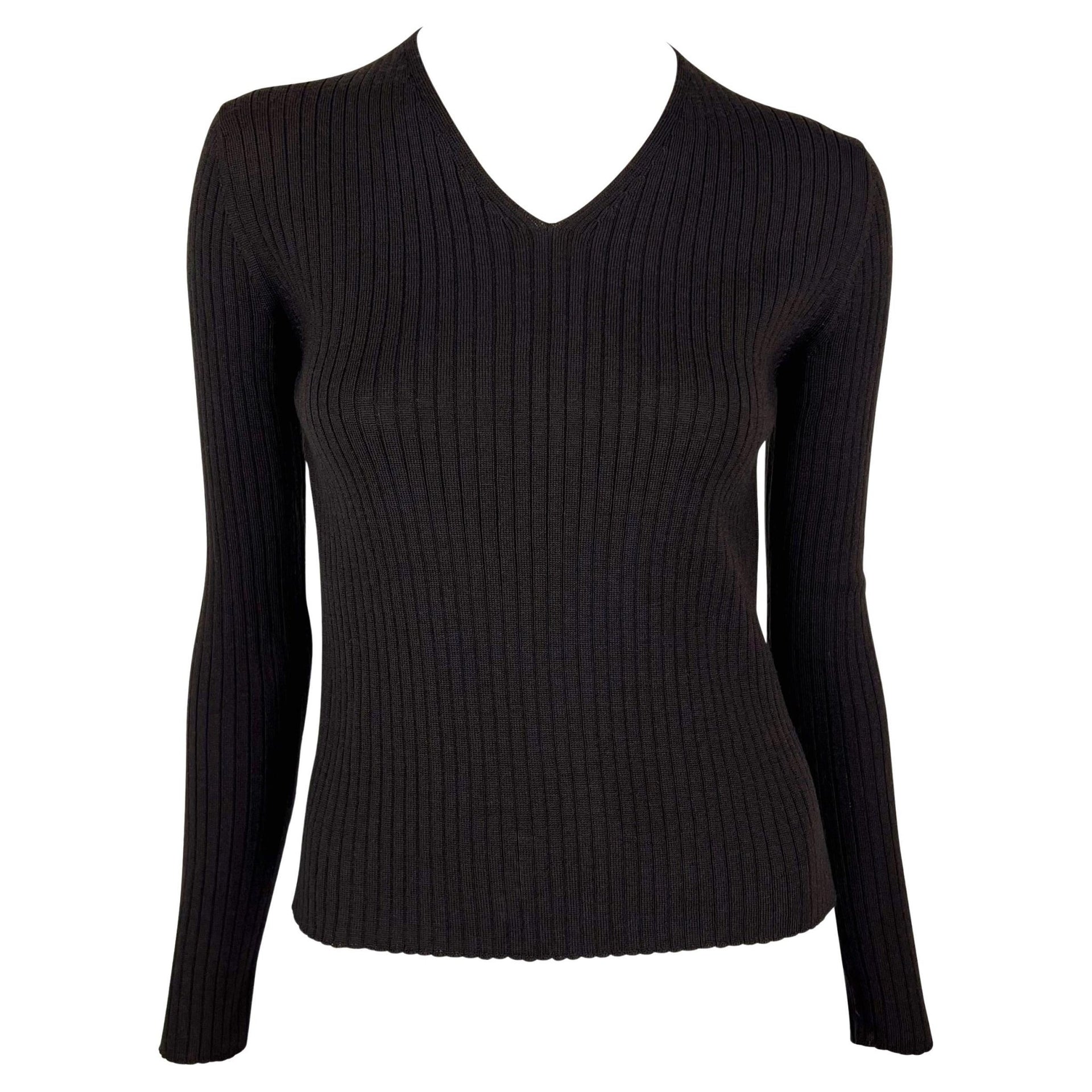 F/W 1997 Gucci by Tom Ford Semi - Sheer Brown Wool V - Neck Stretch Ribbed Sweater - RealList