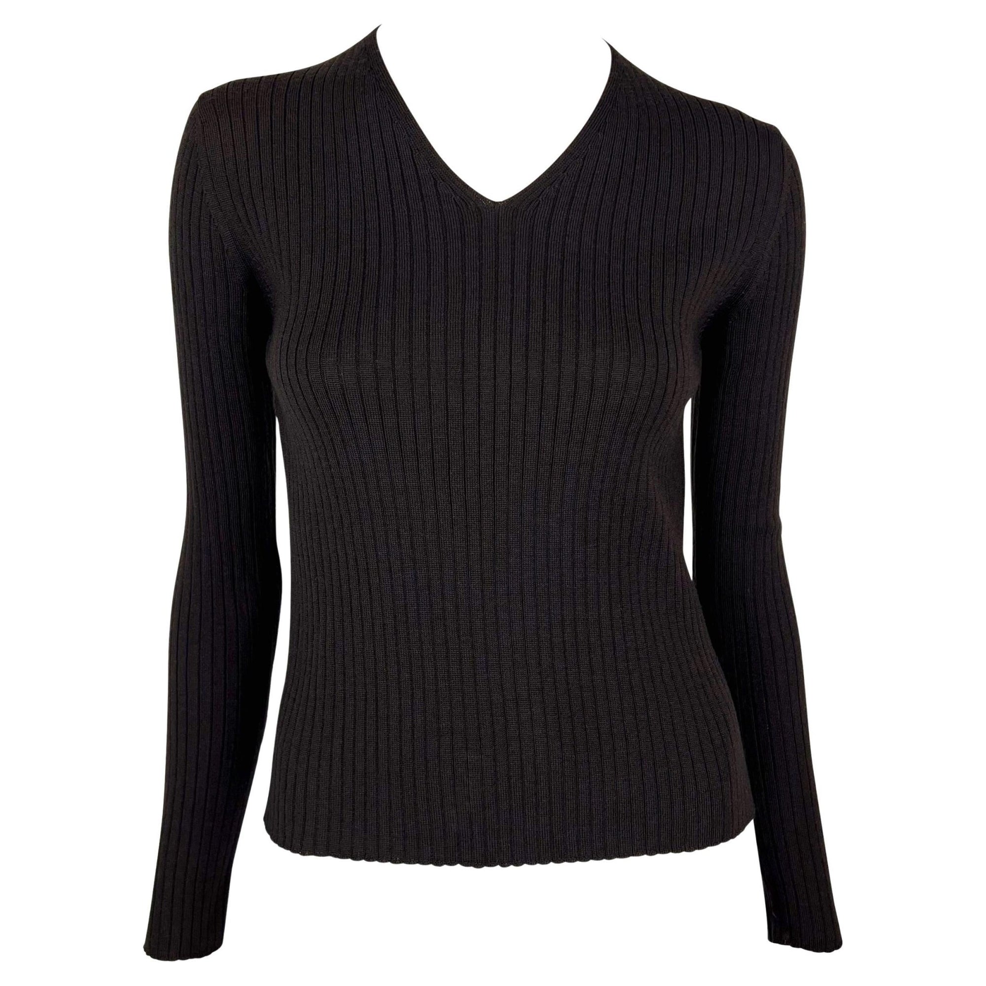 F/W 1997 Gucci by Tom Ford Semi - Sheer Brown Wool V - Neck Stretch Ribbed Sweater - RealList