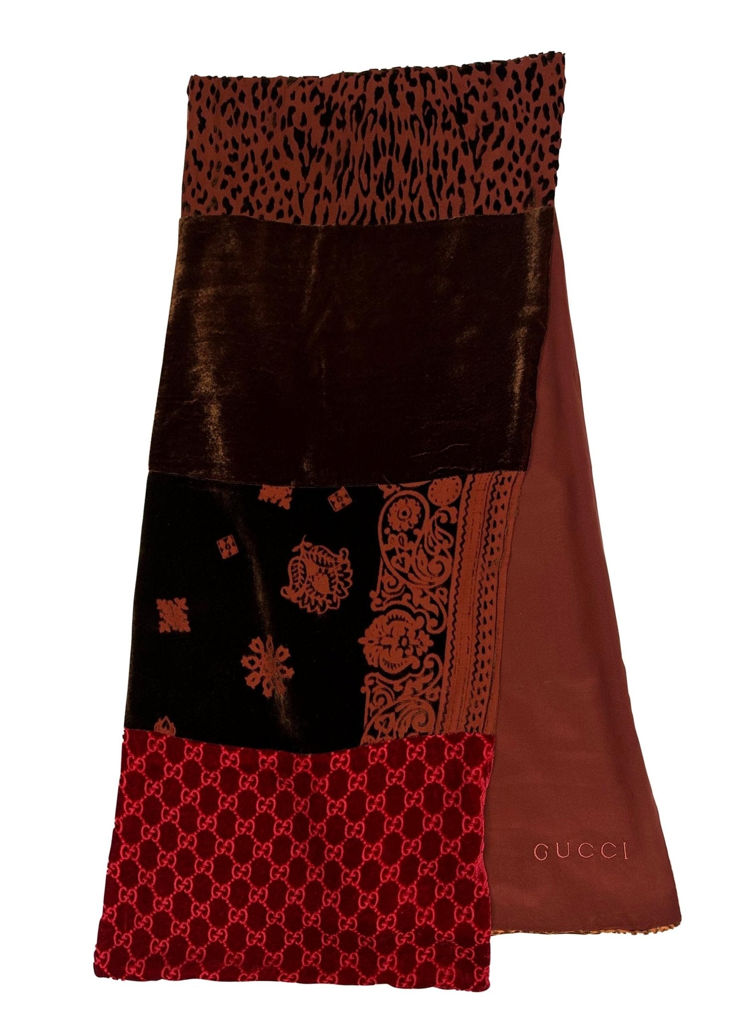F/W 1997 Gucci by Tom Ford Velvet Patchwork Red 'GG' Monogram Scarf - RealList