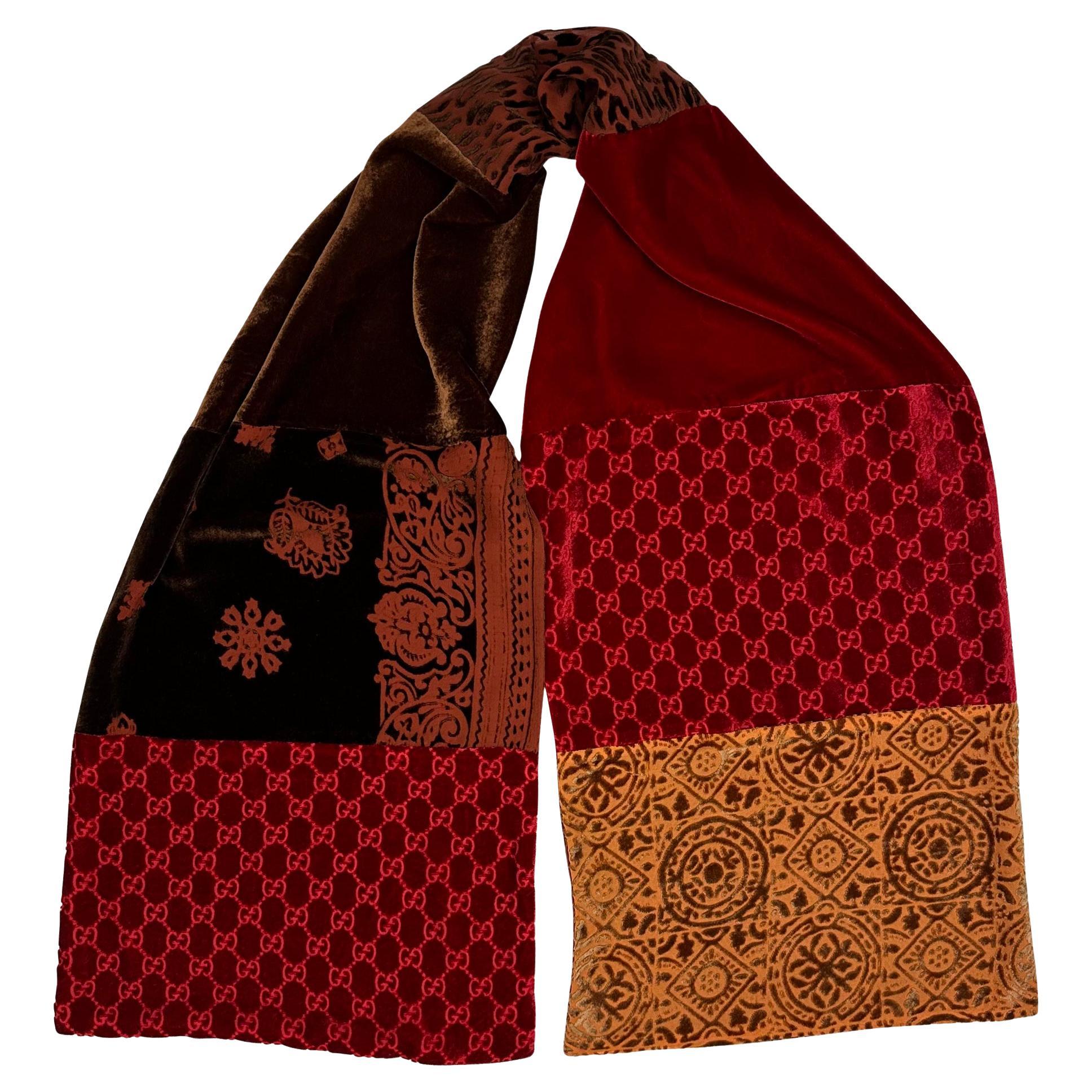 F/W 1997 Gucci by Tom Ford Velvet Patchwork Red 'GG' Monogram Scarf - RealList