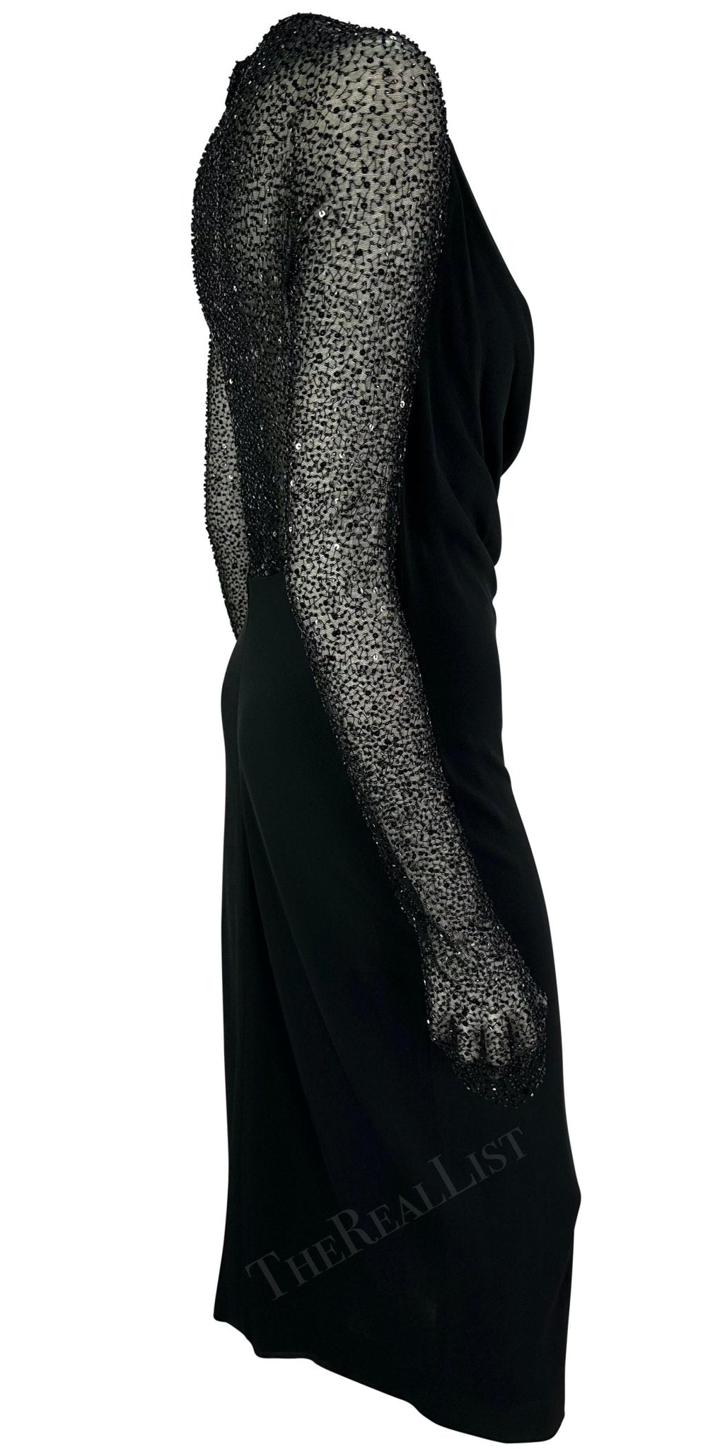 F/W 1997 Halston by Randolph Duke Runway Black Cowl Neck Beaded Dress - RealList