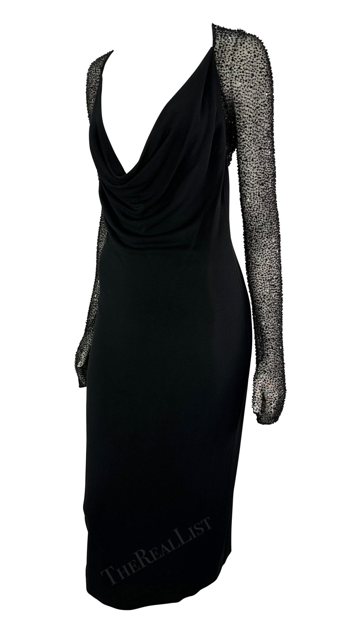 F/W 1997 Halston by Randolph Duke Runway Black Cowl Neck Beaded Dress - RealList
